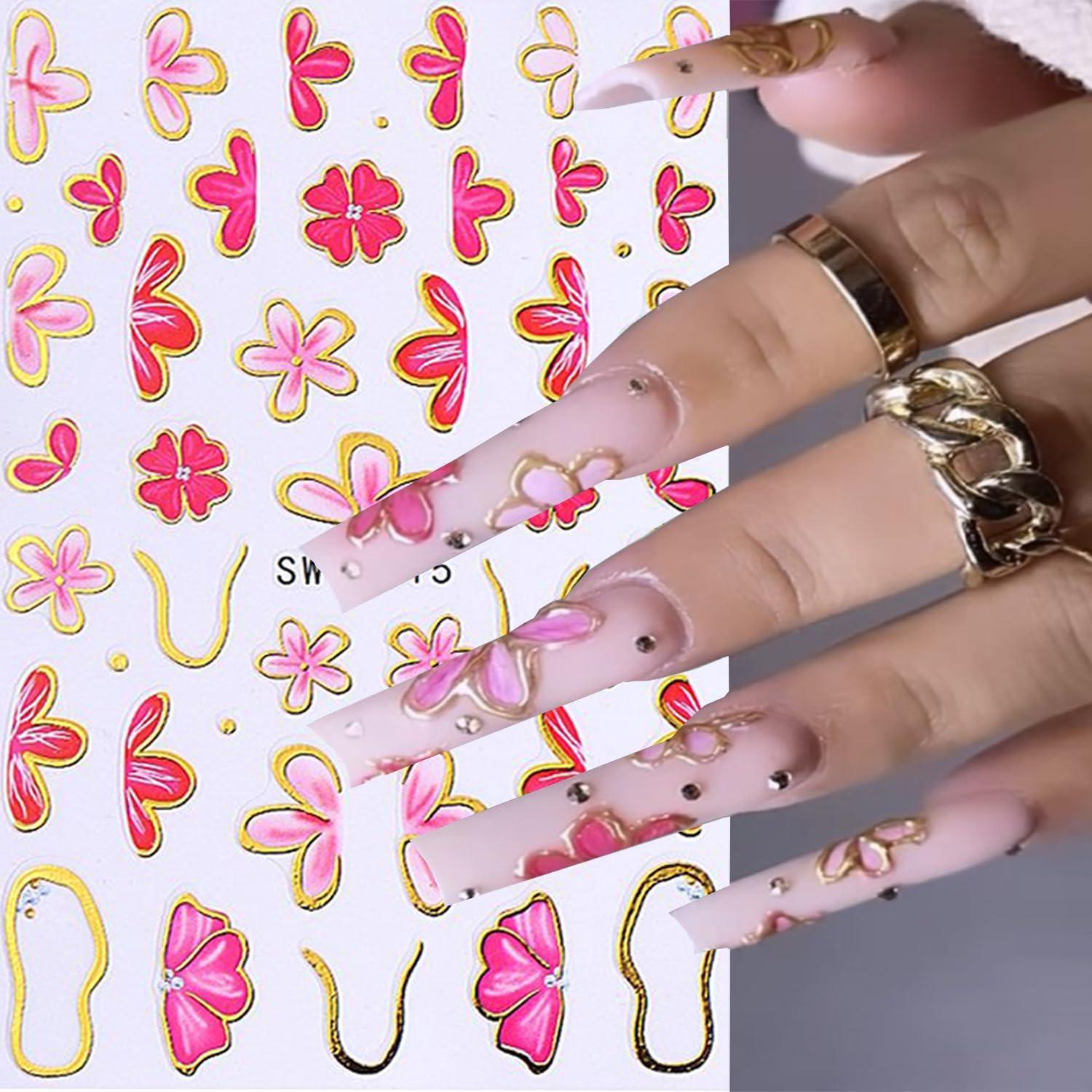 6 Hojas Stickers de Uñas 3D LOPMNGHT Flores Multicolor