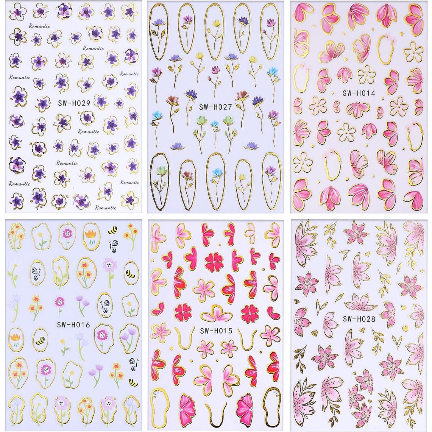 6 Hojas Stickers de Uñas 3D LOPMNGHT Flores Multicolor