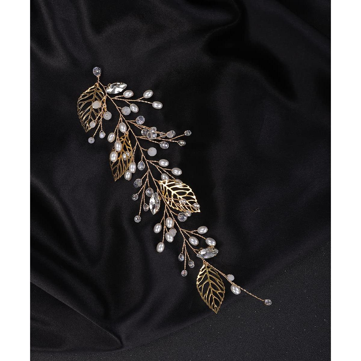 Diadema de Hojas Doradas Denifery con Perlas 20x7cm