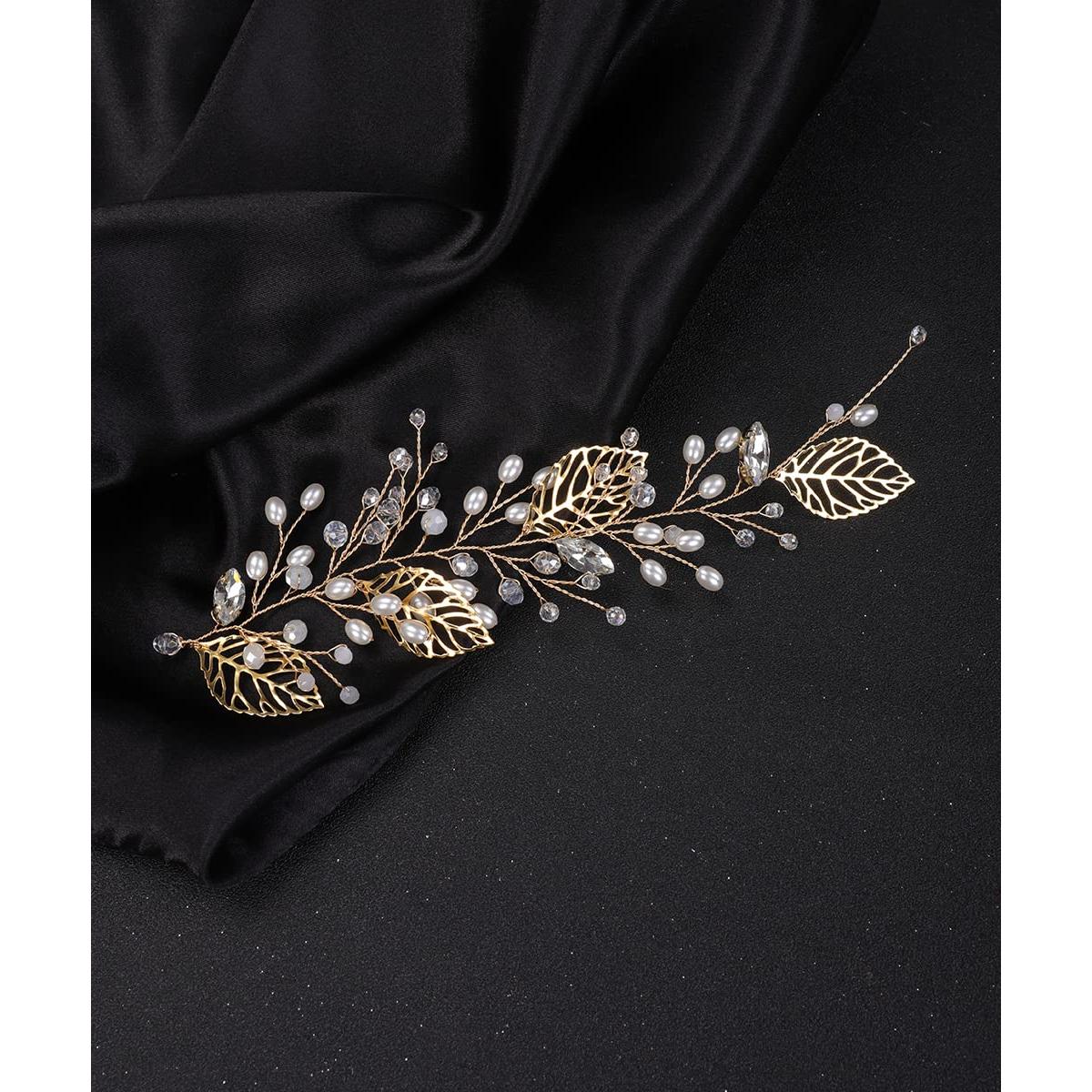 Diadema de Hojas Doradas Denifery con Perlas 20x7cm