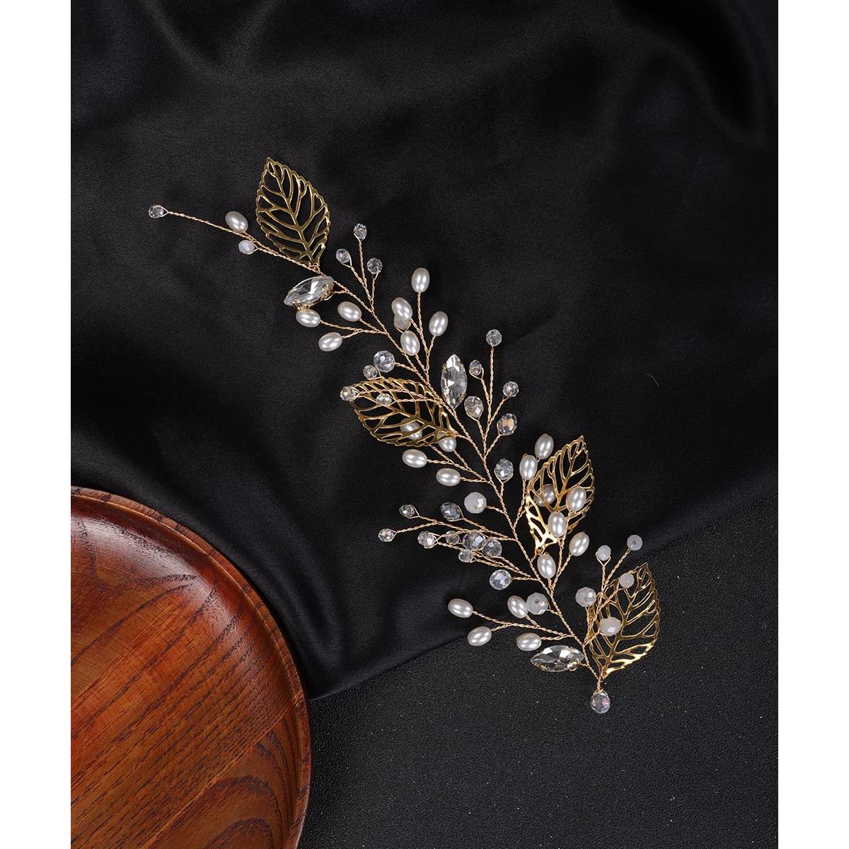 Diadema de Hojas Doradas Denifery con Perlas 20x7cm