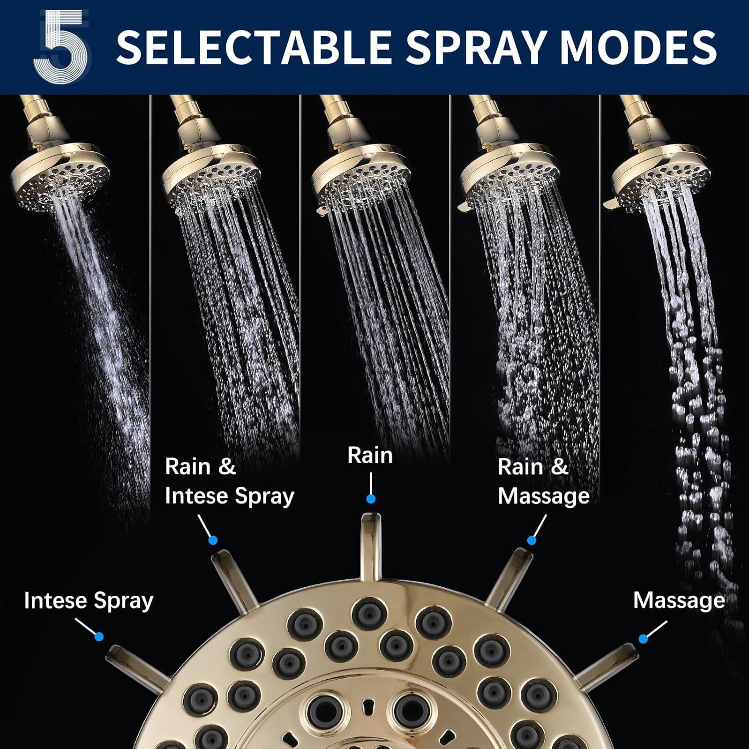Cabezal de Ducha de Lluvia DLymtrx 4" Oro 5 Funciones Ahorra Agua