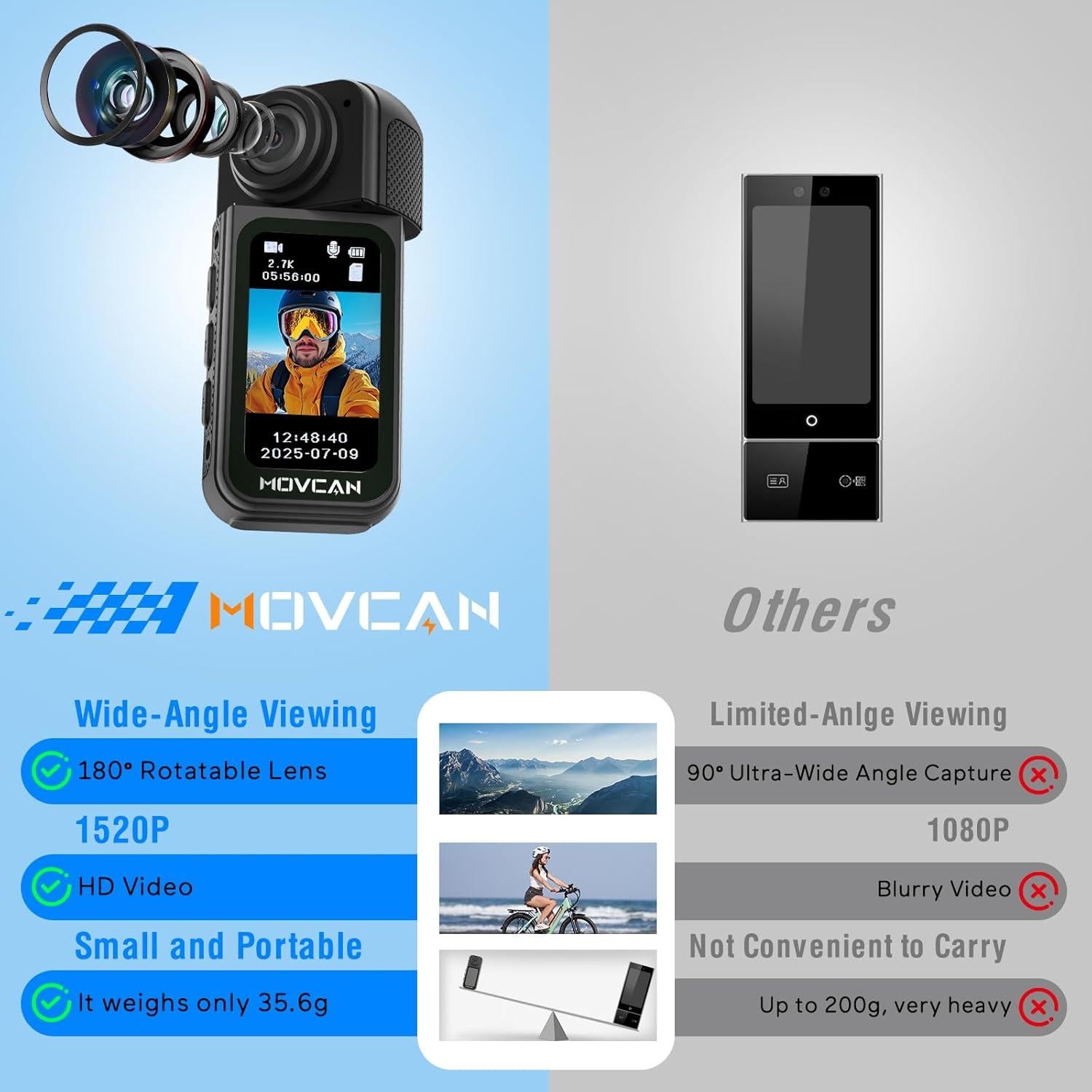 Cámara Corporal Movcan S70 HD 2.7K con Lente Rotativa 180°