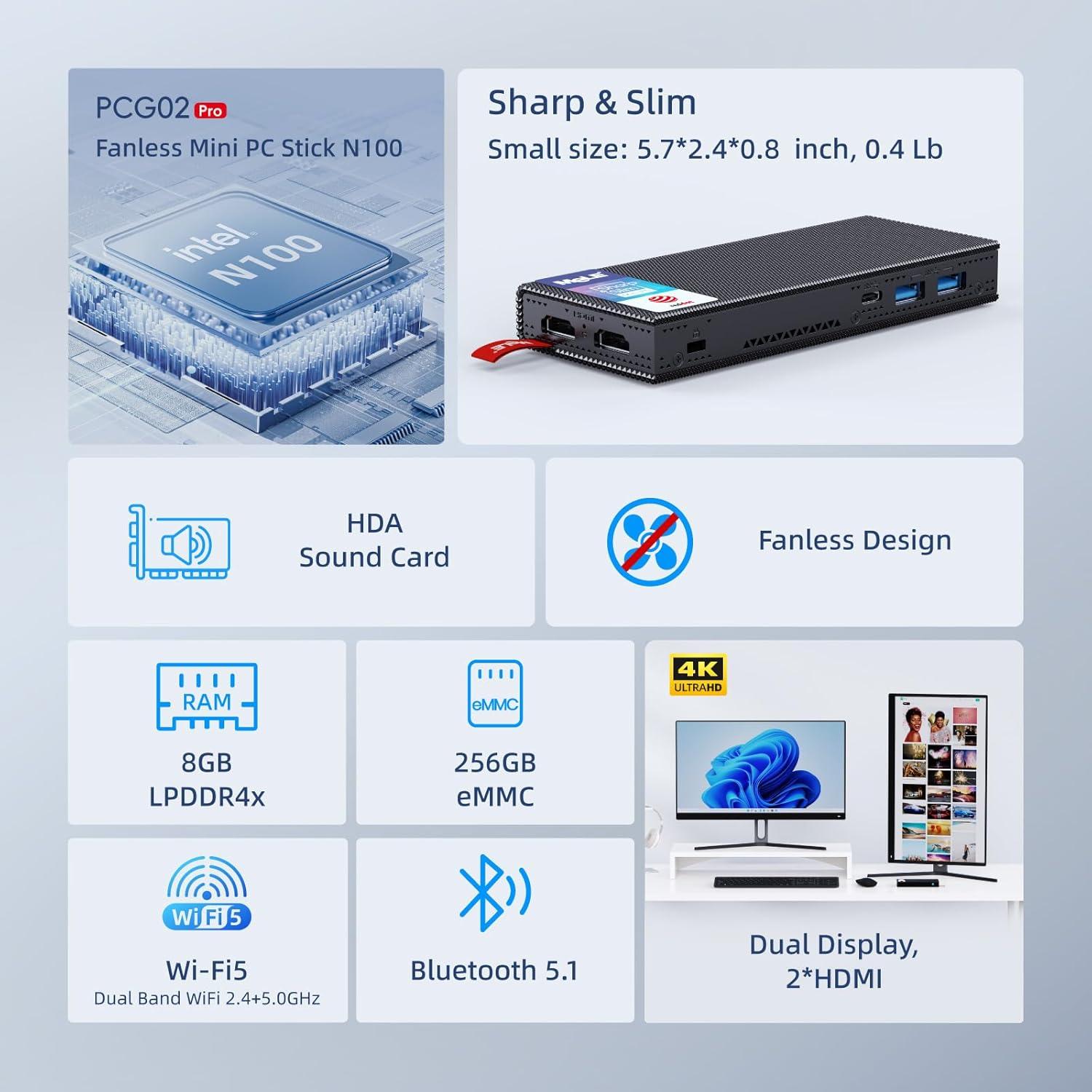 MeLE Mini PC Stick PCG02 Pro N100 8GB 256GB 4K HDMI