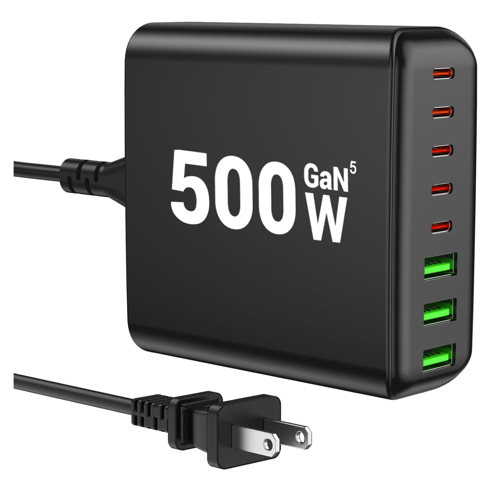 Cargador USB C 500W 8 Puertos Rápido PD 120W Negro