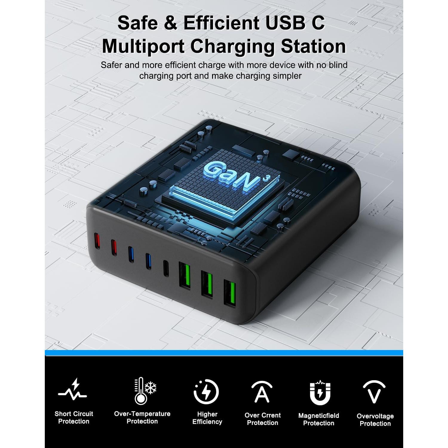 Cargador USB C 500W 8 Puertos Rápido PD 120W Negro