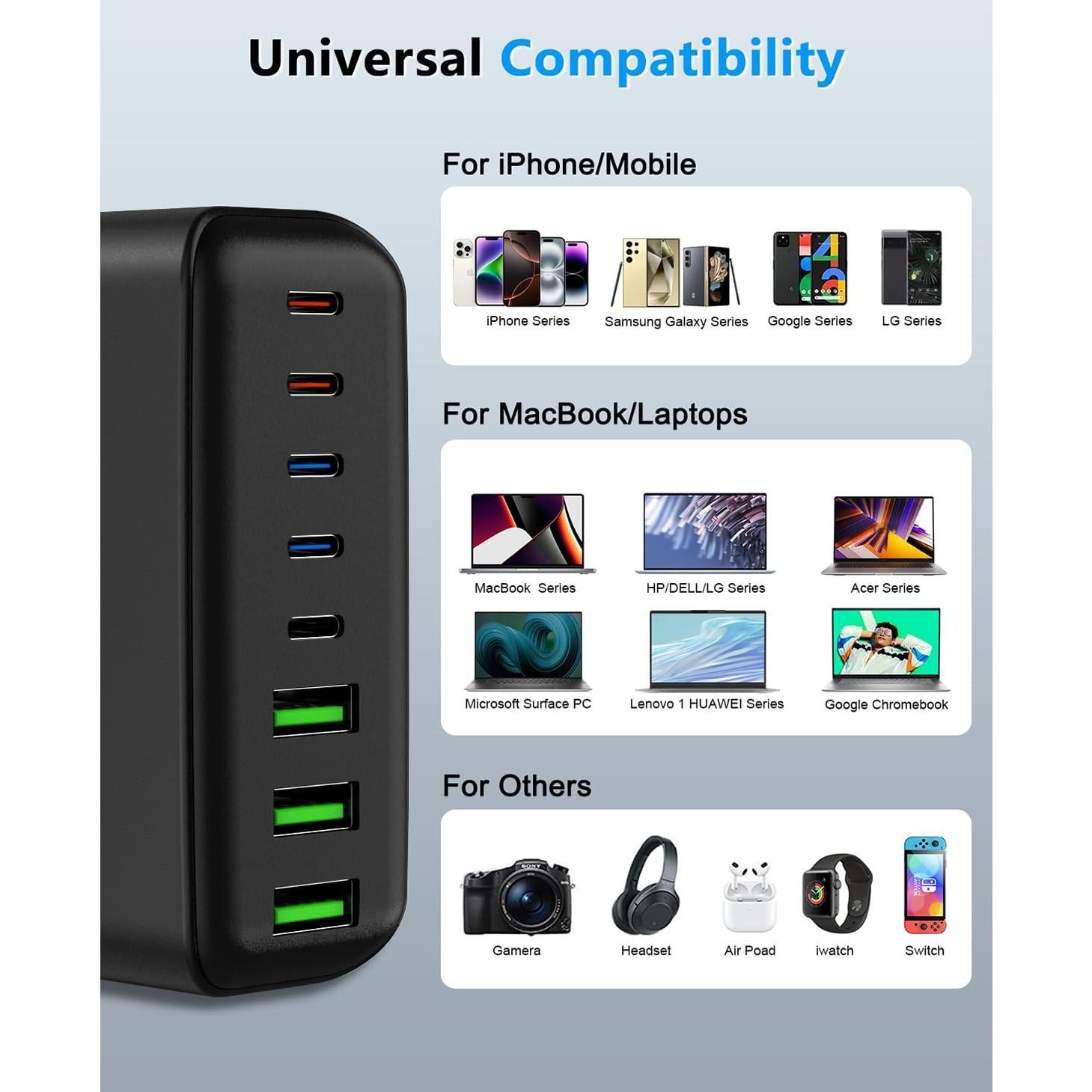 Cargador USB C 500W 8 Puertos Rápido PD 120W Negro