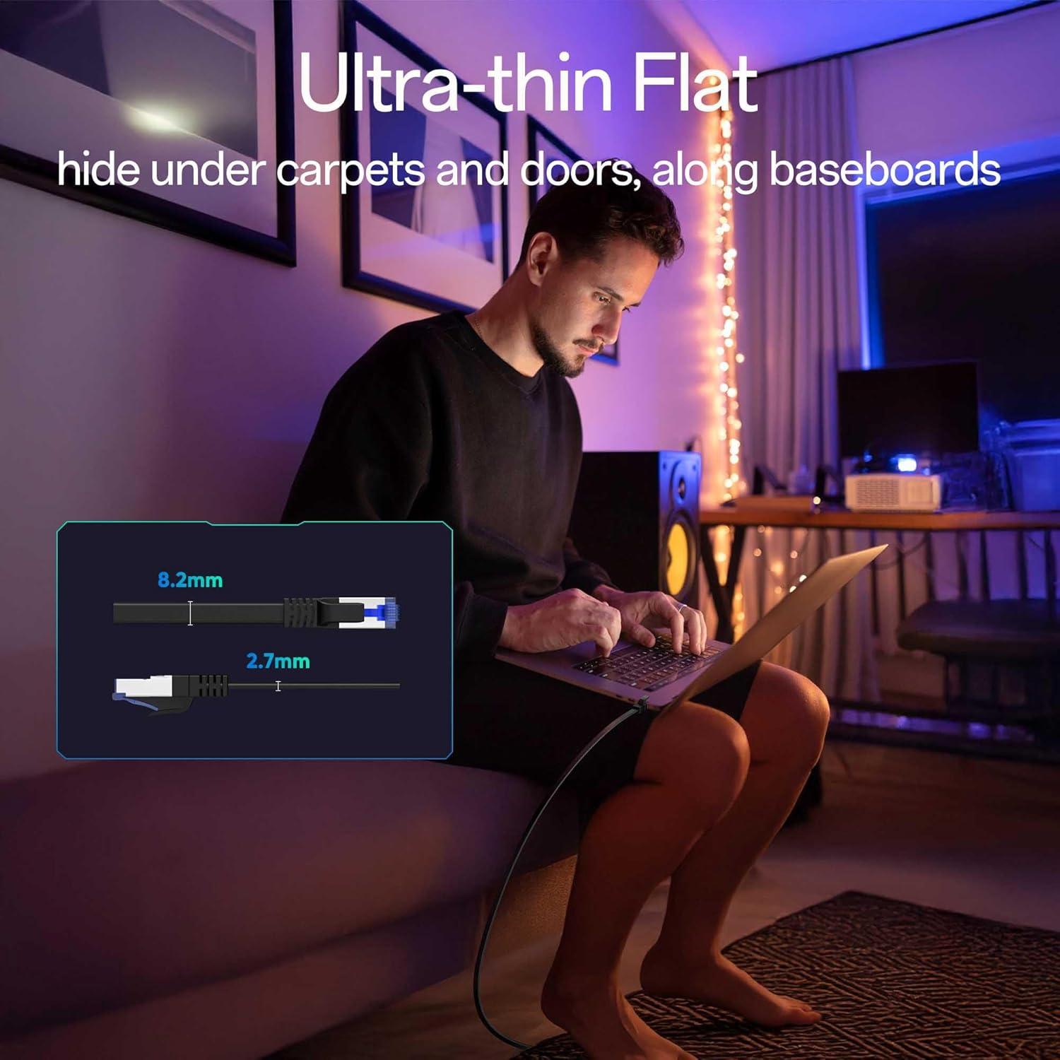 Cat8 Flat Ethernet Cable 3 FT Indoor & Outdoor, Invisable Ultra-Thin Ethernet Cable High Speed 40Gbps 2000Mhz, Flexible Shielded Internet Cable, Cat 8 SFTP Network Cable for Home/Office/Gaming, Black