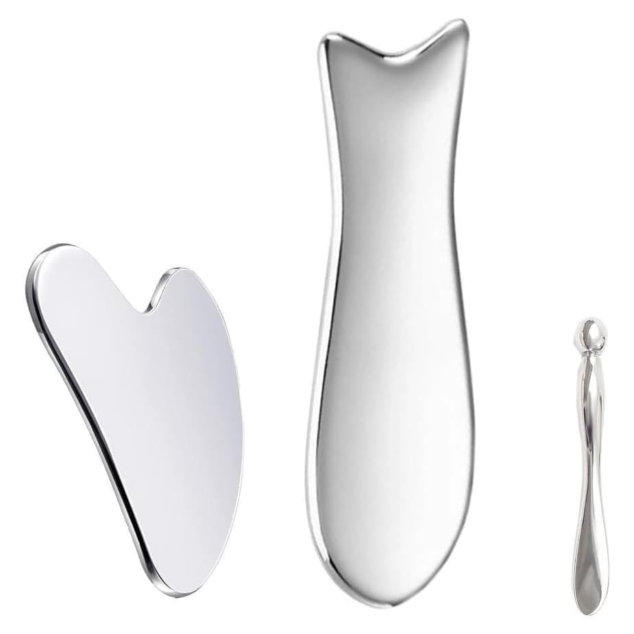 Kit Gua Sha Facial Acero Inoxidable 3 en 1 MOKIUER Plata