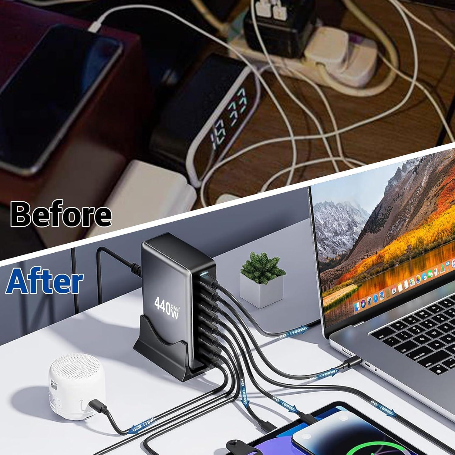 Cargador Rápido USB-C 440W Perhanmm, Estación 8 Puertos