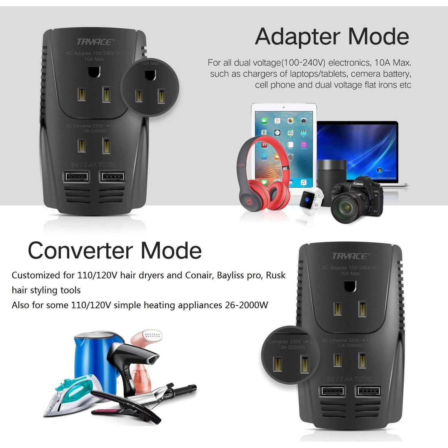 Convertidor de Voltaje TryAce 2000W 220V a 110V con USB