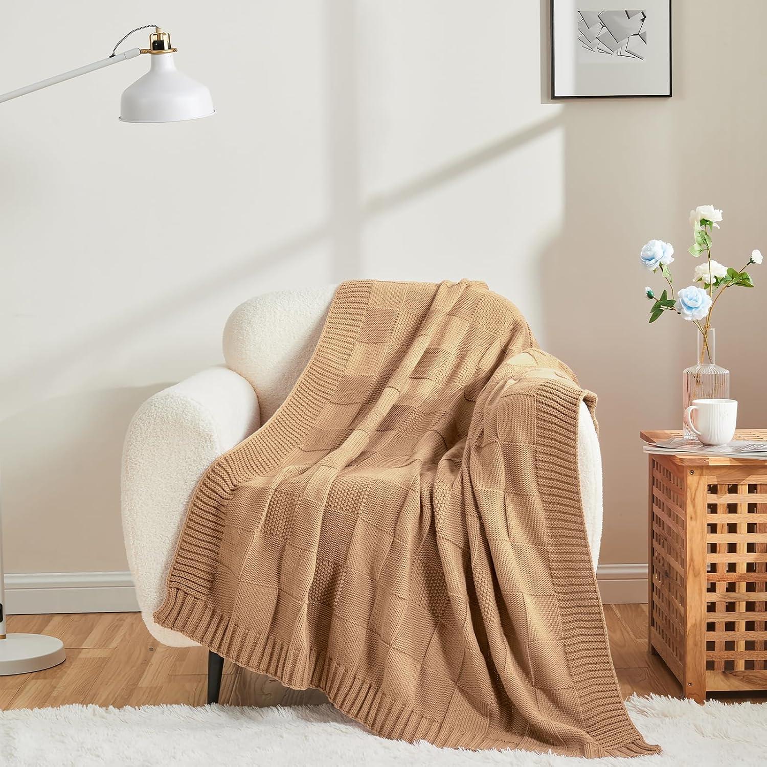 Manta de Punto a Cuadros CozeCube Beige 127x152 cm Suave