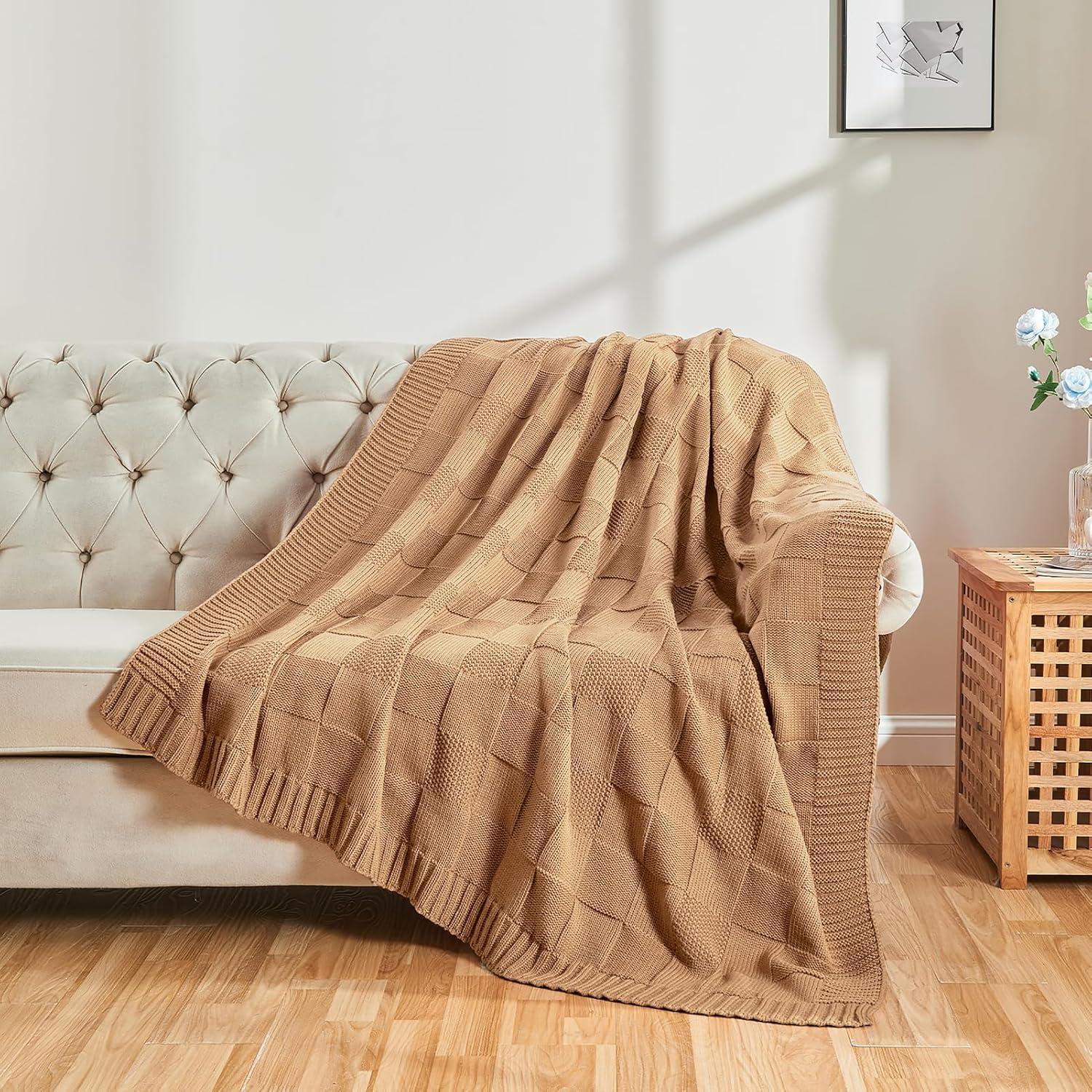 Manta de Punto a Cuadros CozeCube Beige 127x152 cm Suave