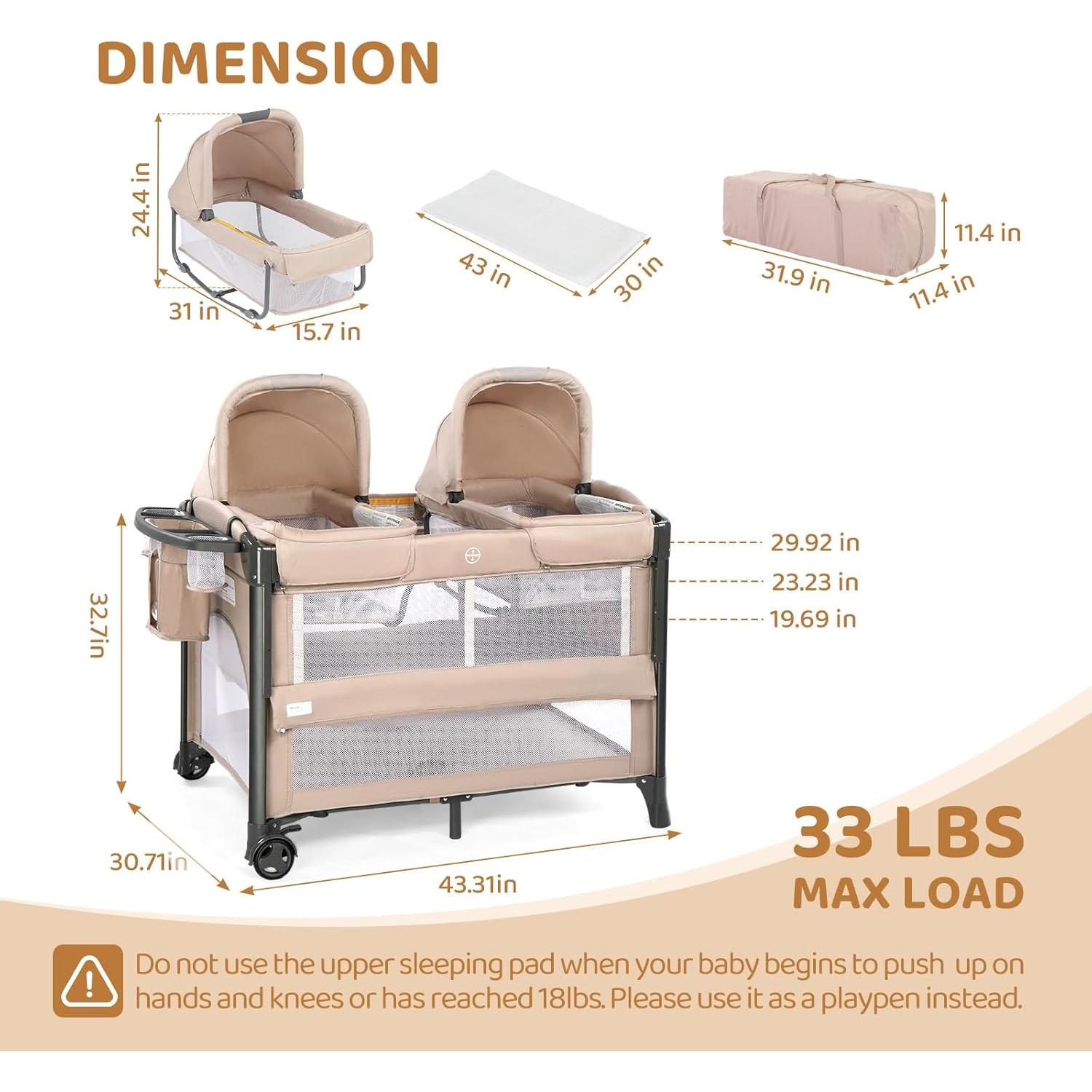 Cuna Gemela JOYMOR Beige Convertible Lateral y Parque