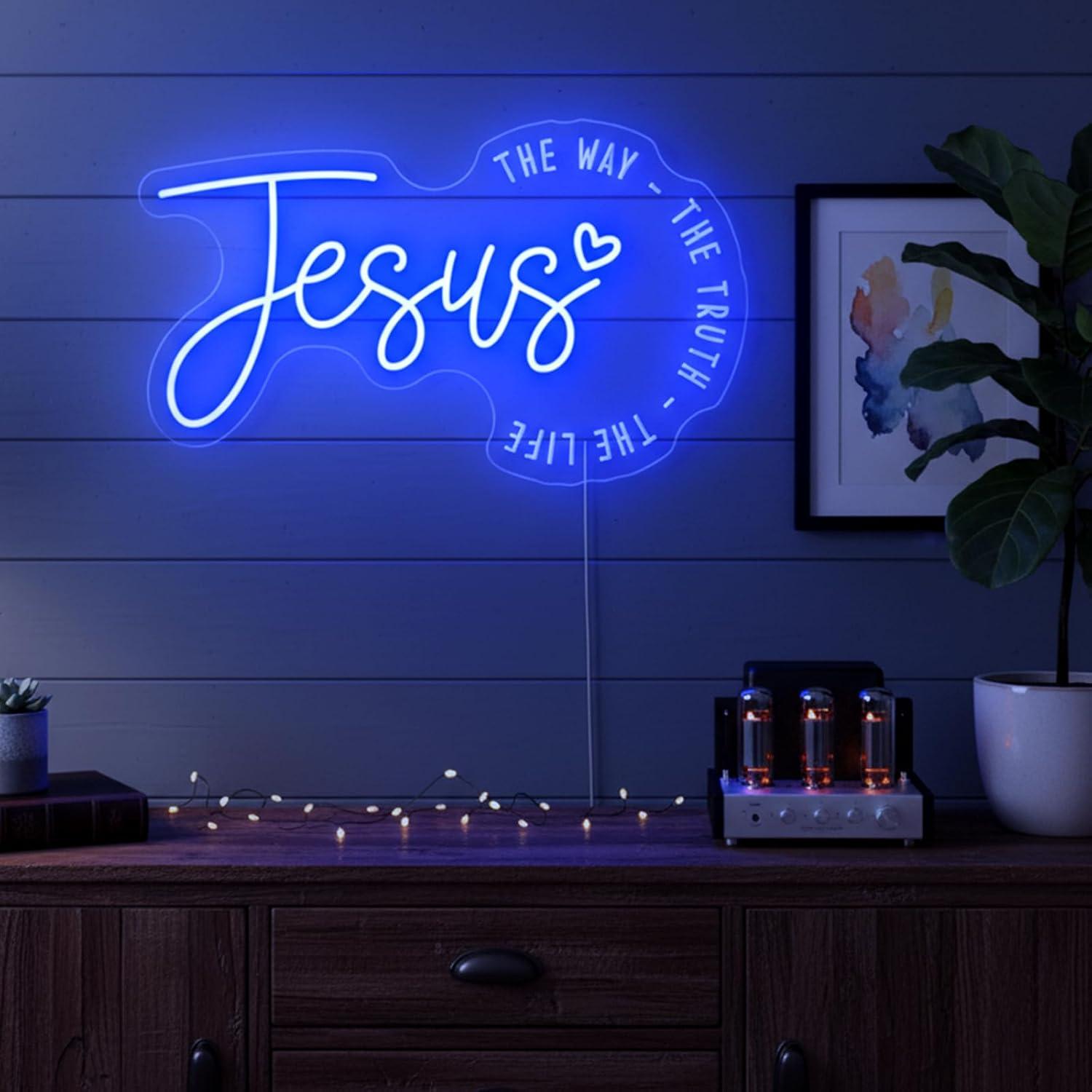 Luz de Neón Azul de Jesús LED - Decoración Cristiana 38x22cm