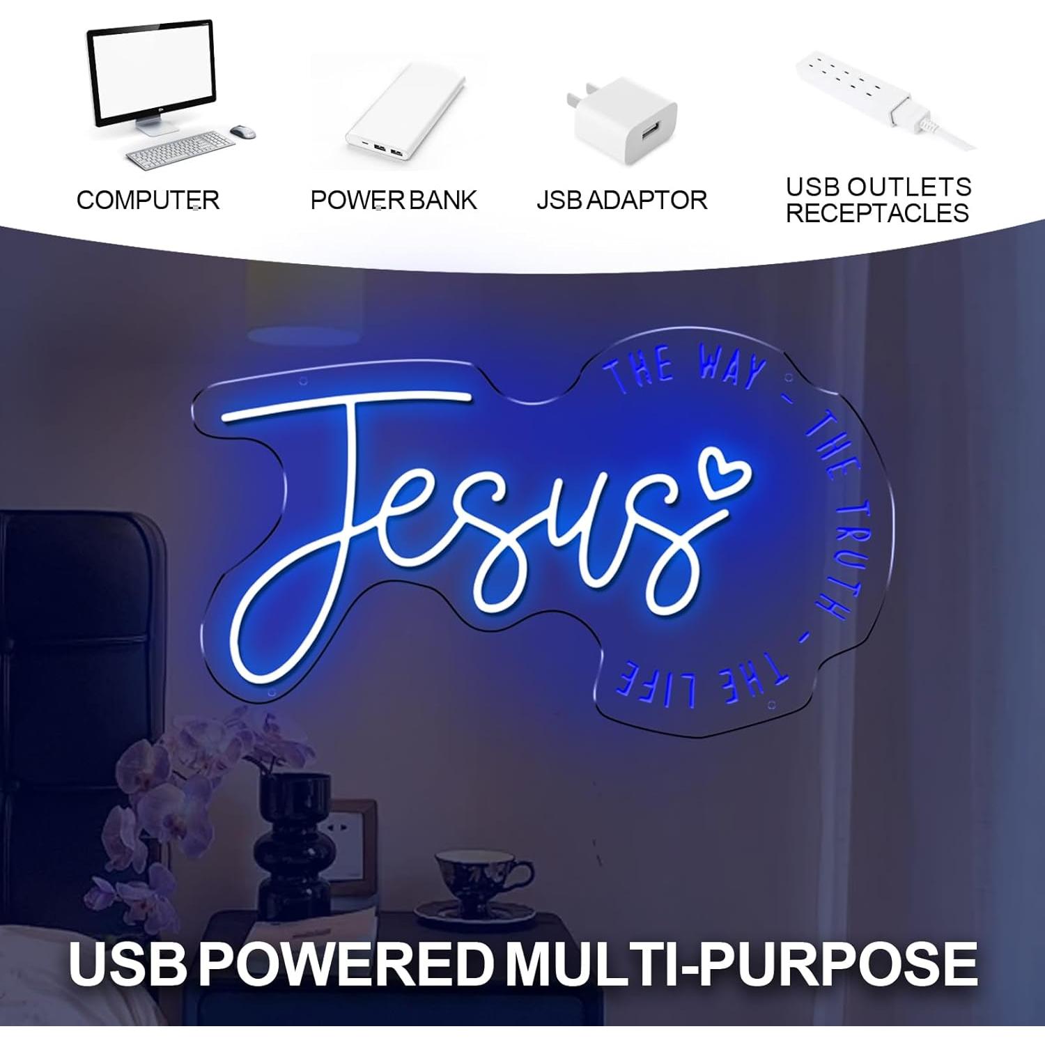 Luz de Neón Azul de Jesús LED - Decoración Cristiana 38x22cm