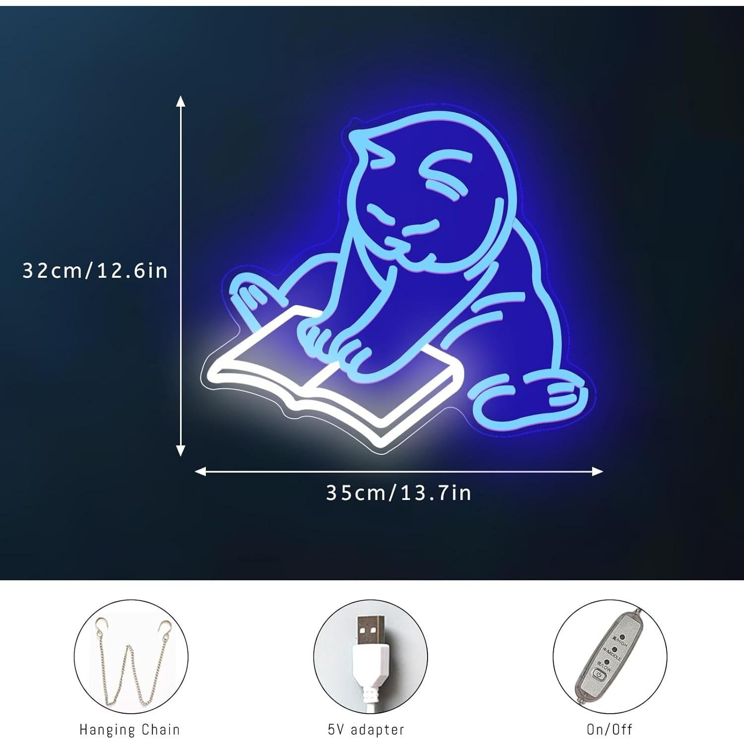 Señal de Neón Gato Lee Libros KADAFAGO 35.6x32 cm USB