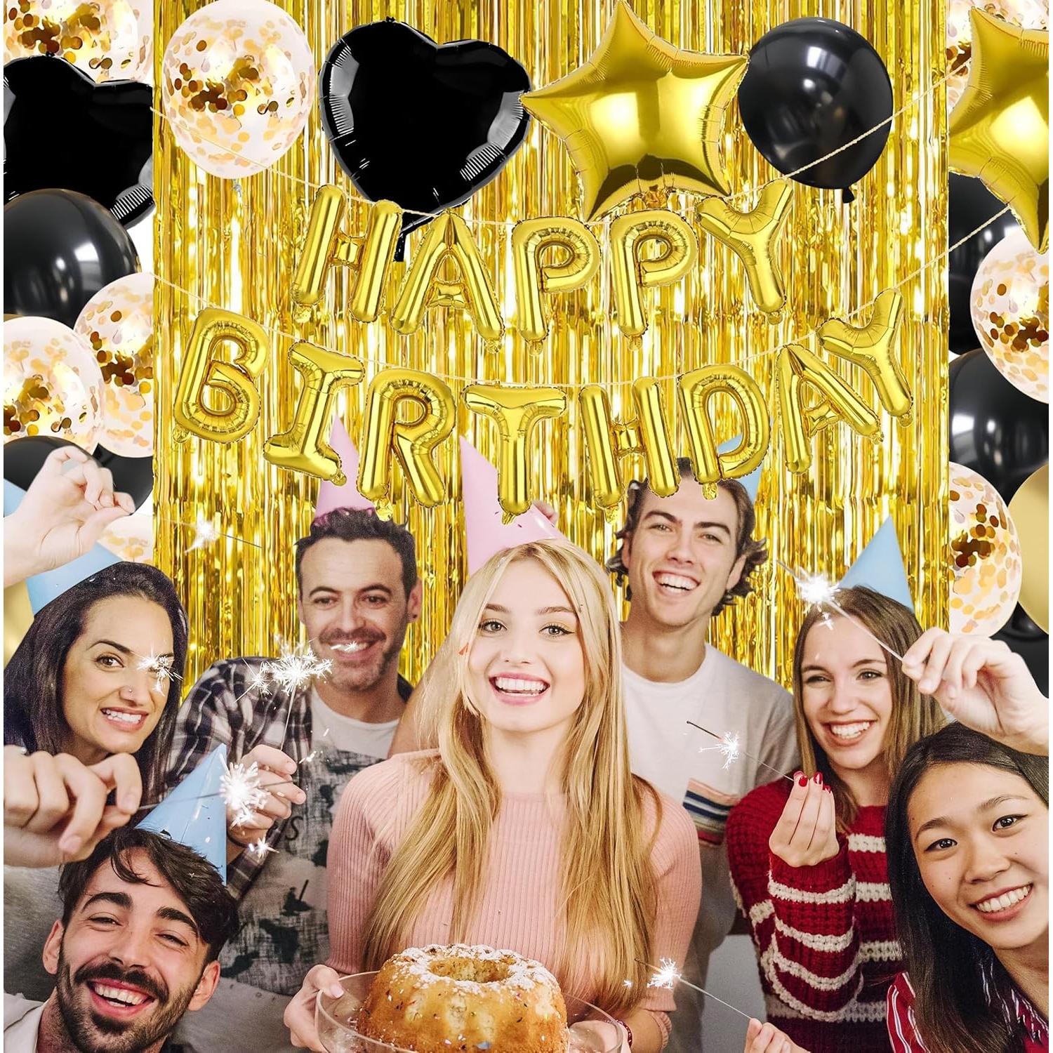 Decoración de Cumpleaños Feliz Marisylva Negro y Dorado