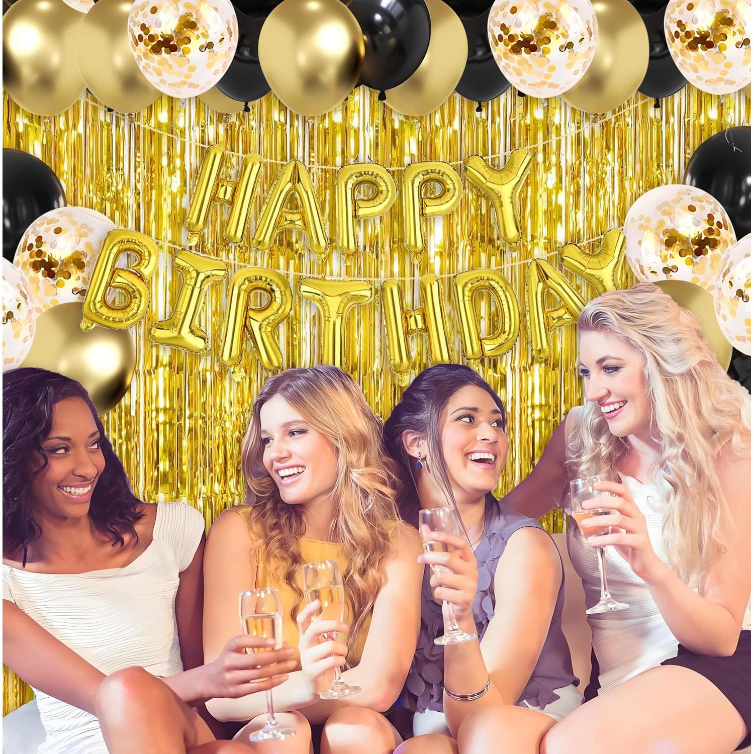 Decoración de Cumpleaños Feliz Marisylva Negro y Dorado