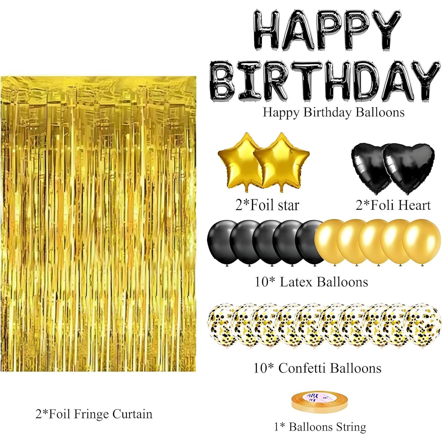 Decoración de Cumpleaños Feliz Marisylva Negro y Dorado