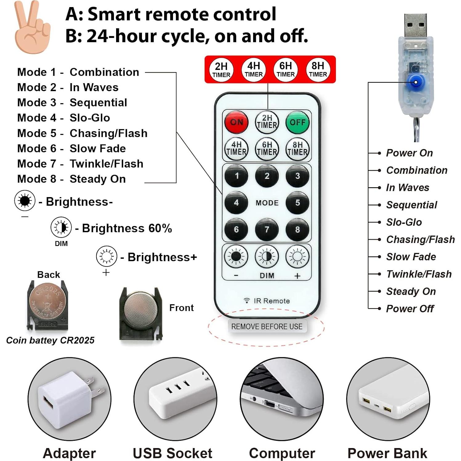 Luz de Cuerda HXWEIYE 120 LEDs 12m con Clips y Control Remoto