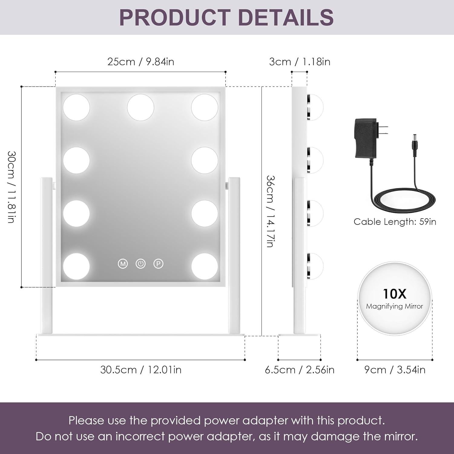 Espejo de Maquillaje Sucedey con Luces 3 Modos 10X Aumento