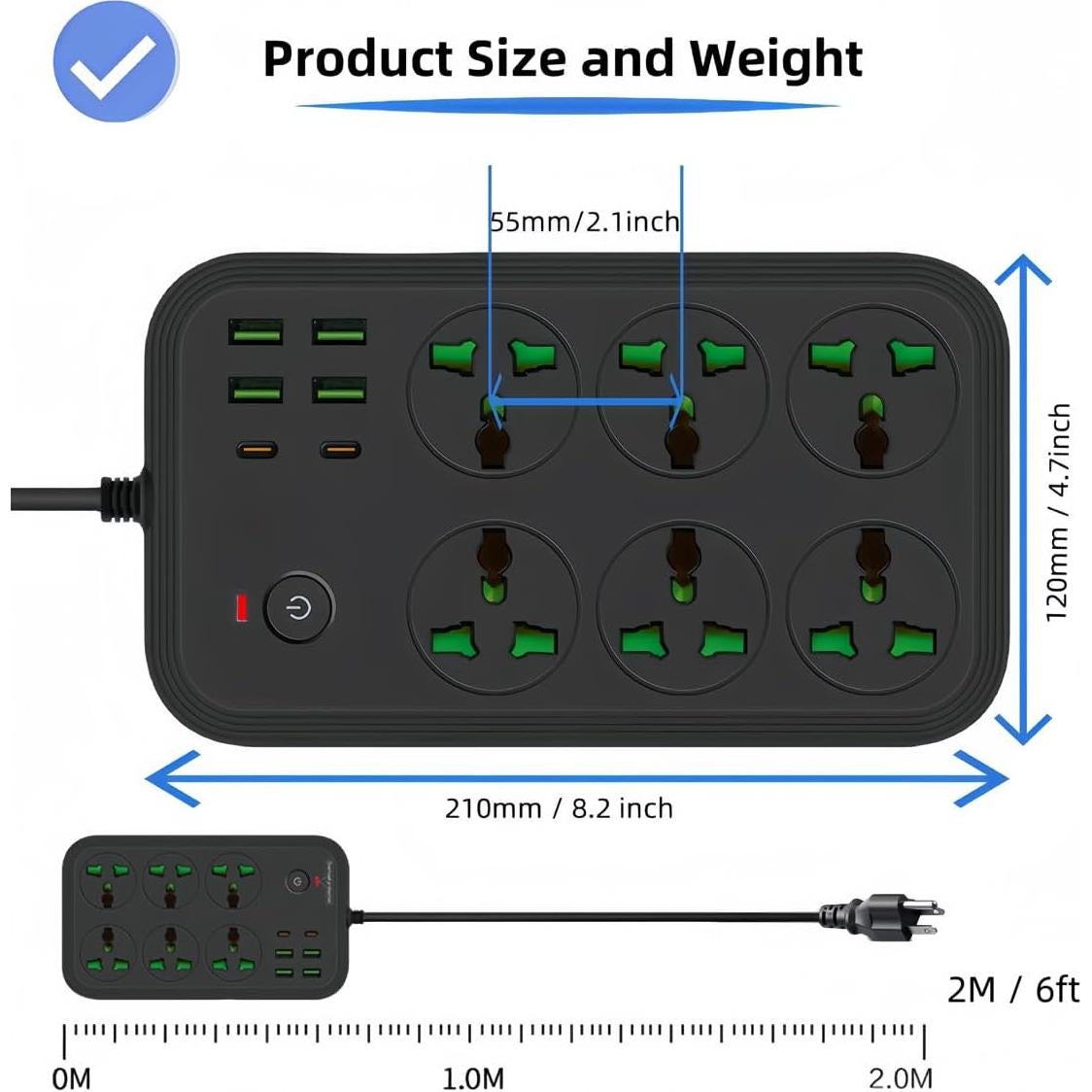 Regleta de 12 en 1 COOFINE con USB C y 6 Salidas AC