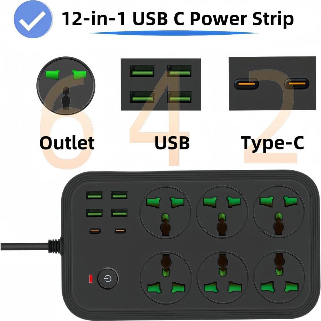 Regleta de 12 en 1 COOFINE con USB C y 6 Salidas AC