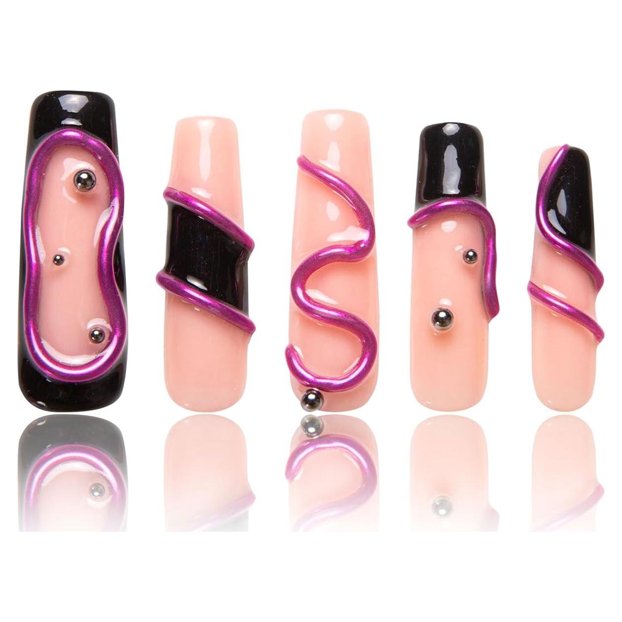 Uñas Postizas LOVFUL Cuadradas 4.3cm Negro Rosa con Cristales