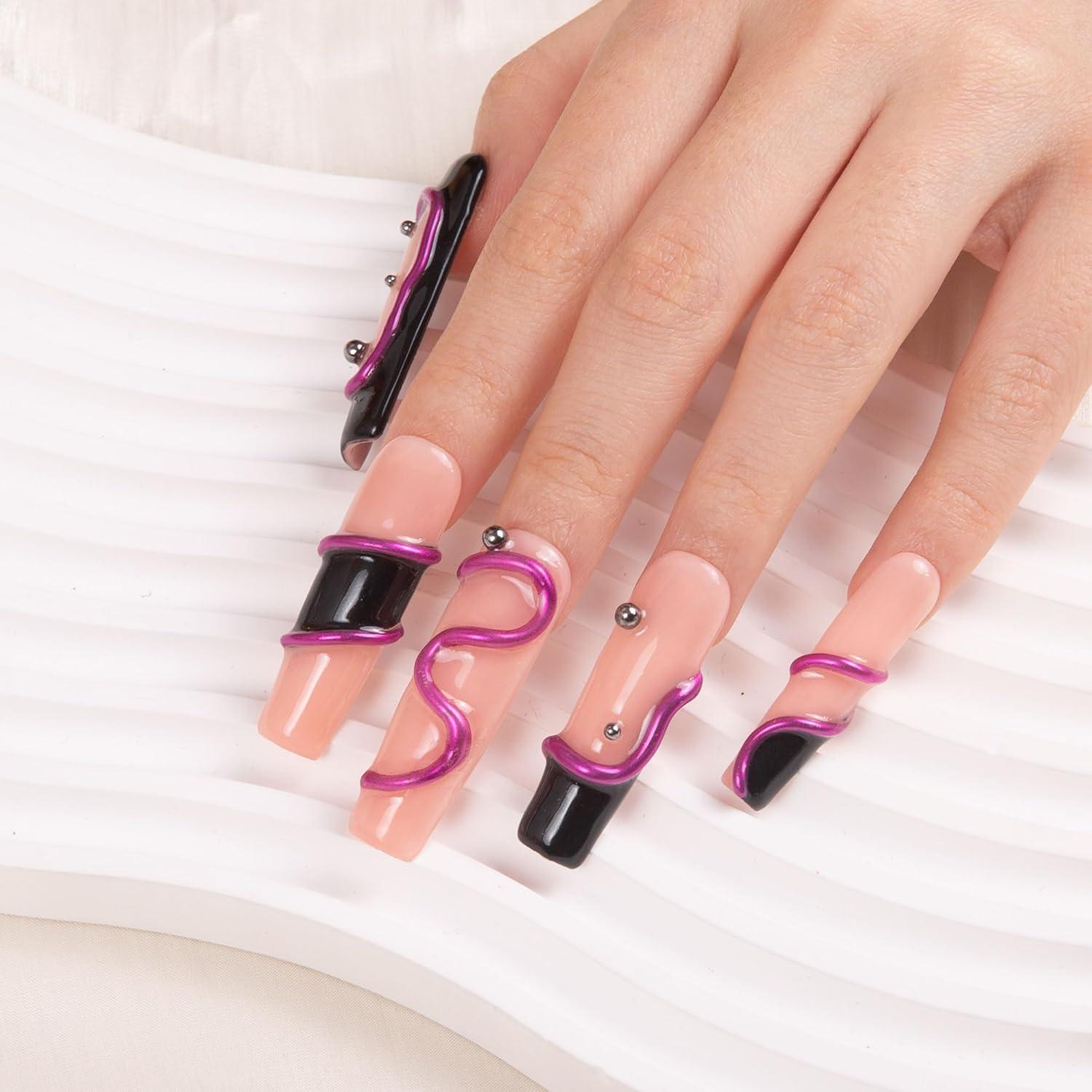 Uñas Postizas LOVFUL Cuadradas 4.3cm Negro Rosa con Cristales