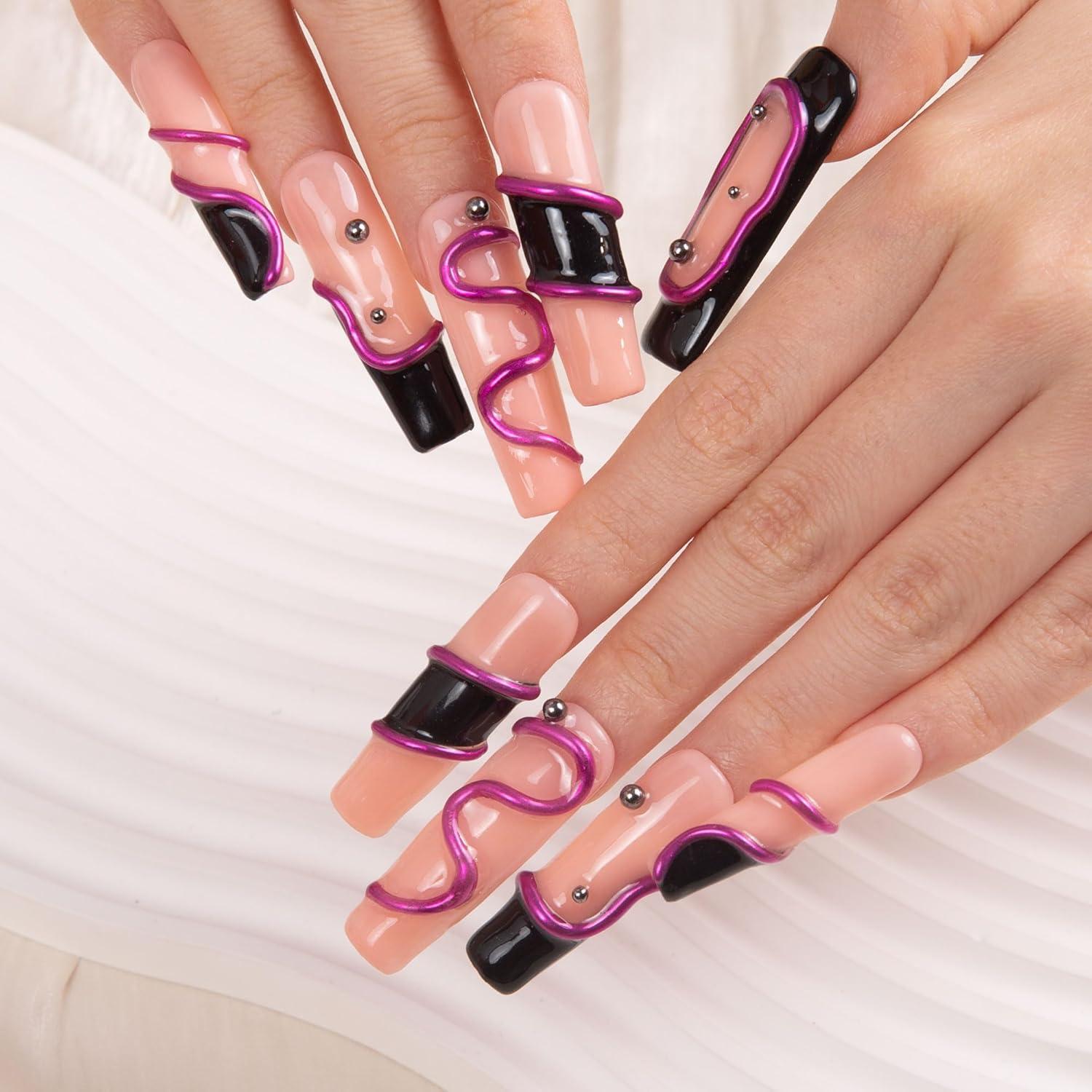 Uñas Postizas LOVFUL Cuadradas 4.3cm Negro Rosa con Cristales