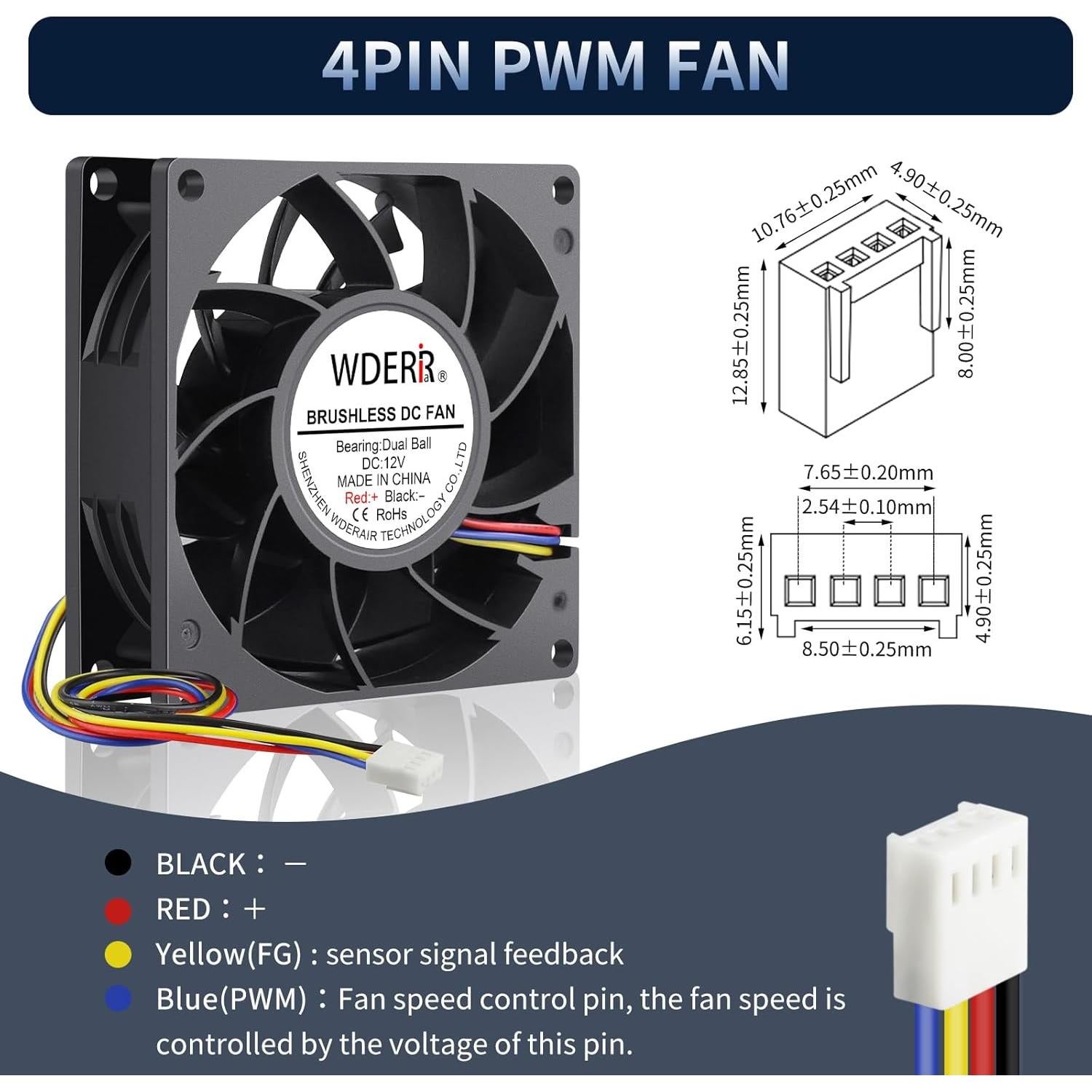 Ventilador de Caja 80mm WDERAIR WD8025DA 12V PWM 64 CFM