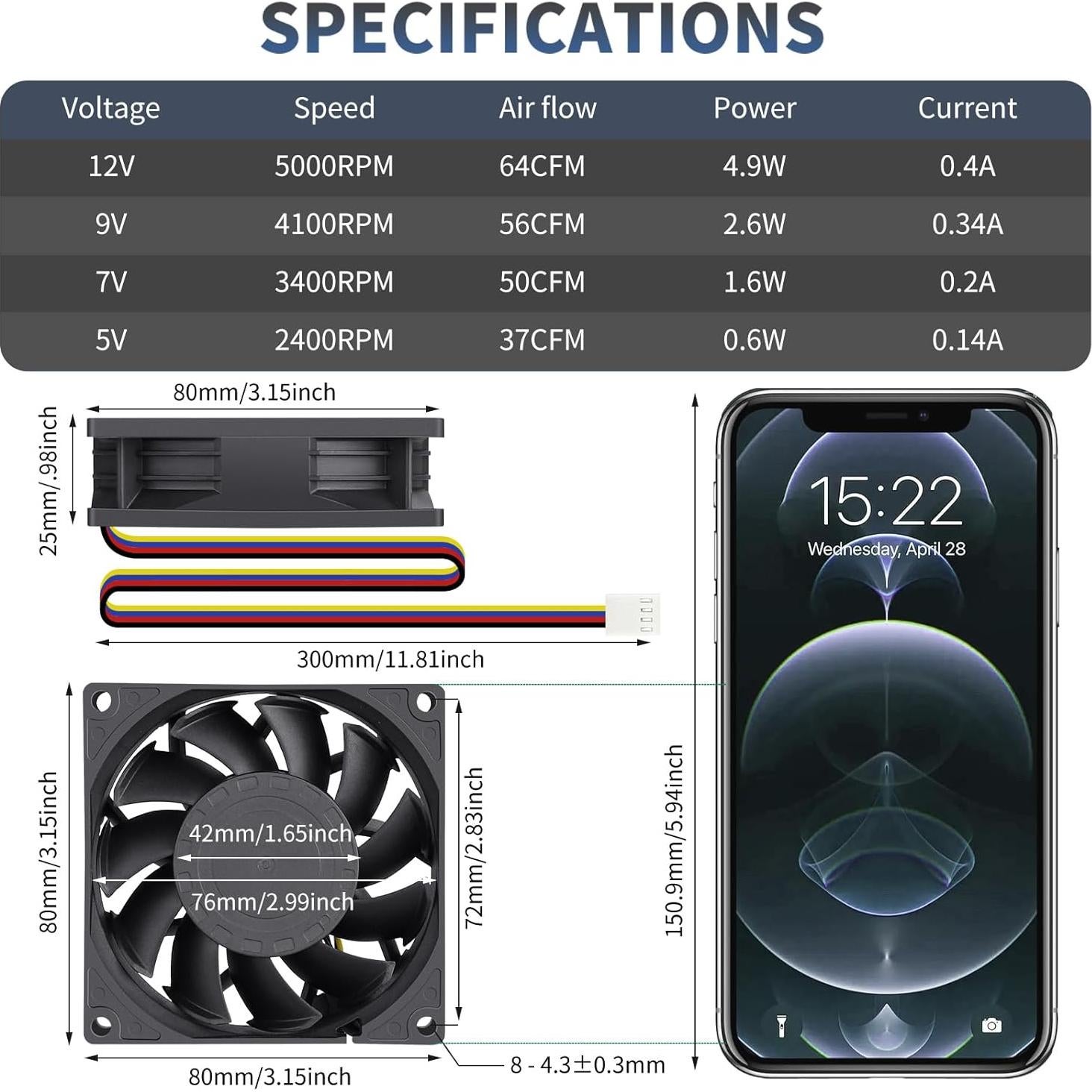 Ventilador de Caja 80mm WDERAIR WD8025DA 12V PWM 64 CFM