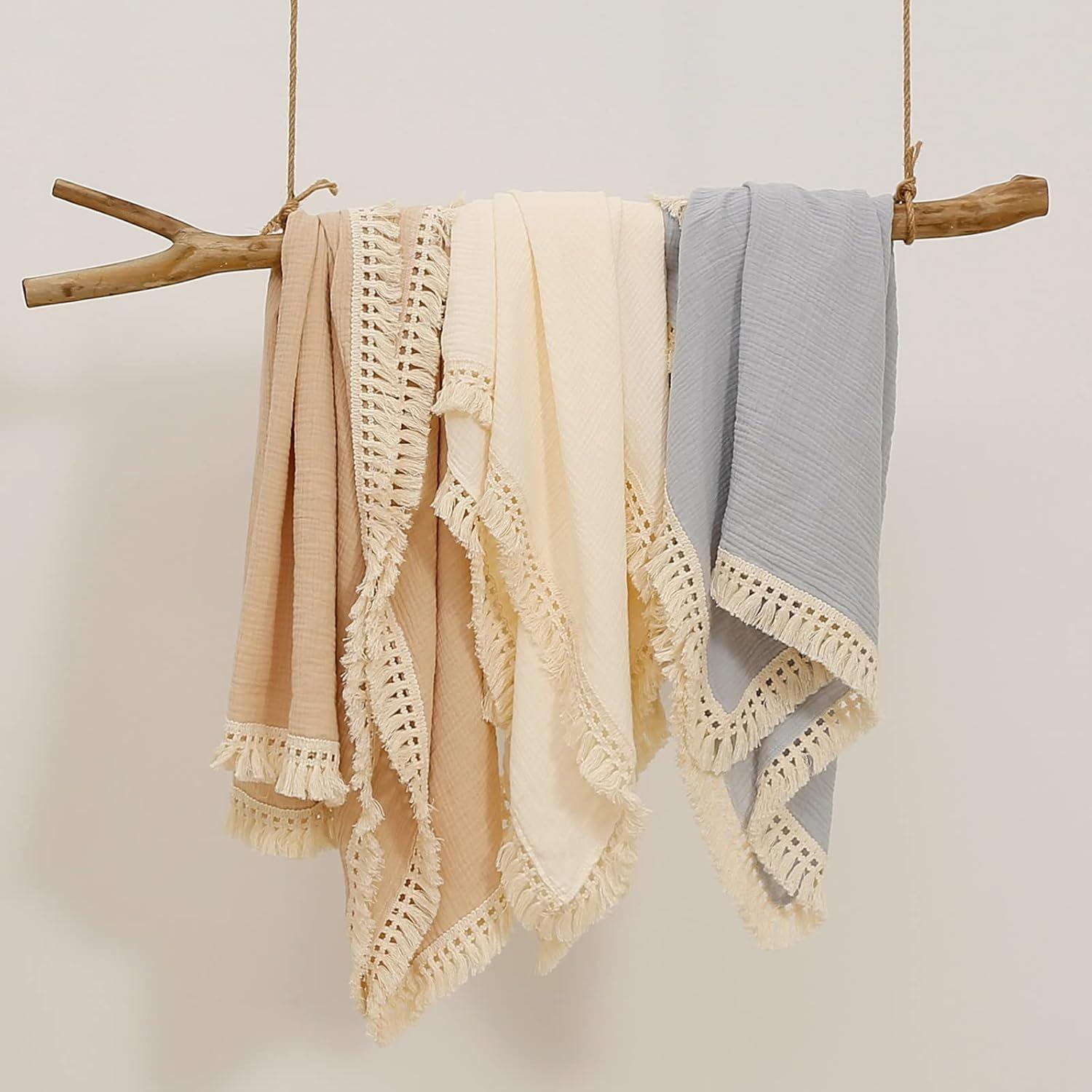 Manta de Muselina Insular Beige 120x100 cm con Borlas