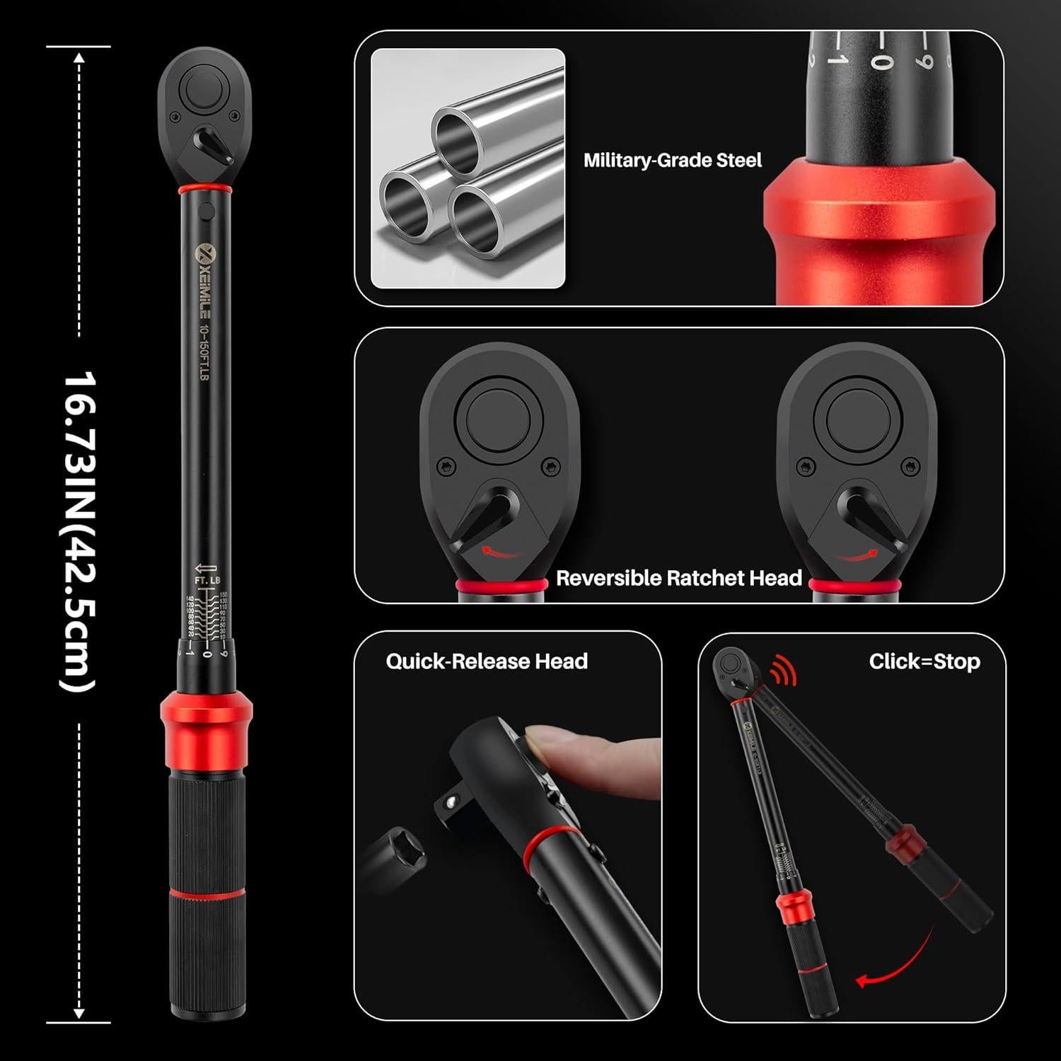 Llave de Torque XEIMILE 1/2" 10-150 Ft-Lb (13.6-203.4 Nm) Ajustable