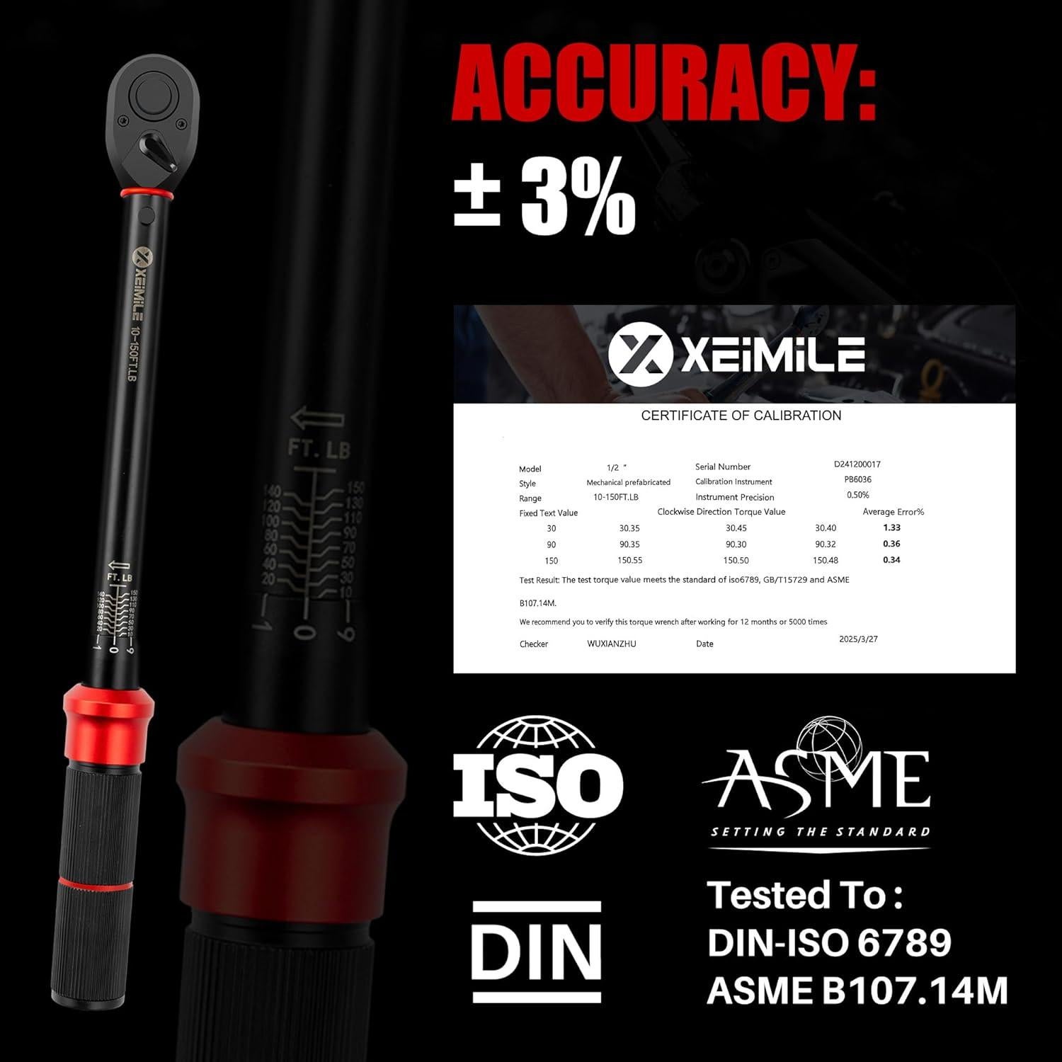 Llave de Torque XEIMILE 1/2" 10-150 Ft-Lb (13.6-203.4 Nm) Ajustable