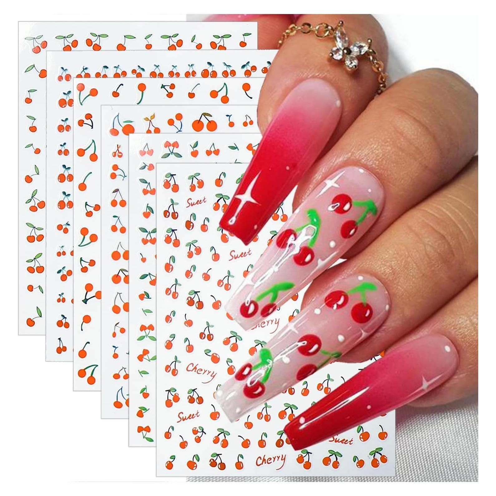 Calcomanías de Uñas de Cereza NZRAESTRS - 6 Hojas Autoadhesivas