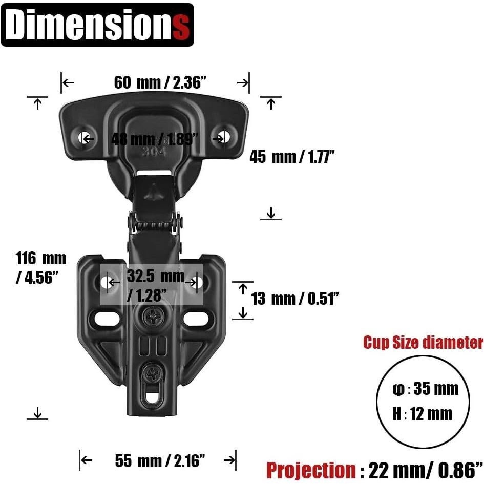 Bisagras de gabinete JQK negras cierre suave 100° 4 unidades