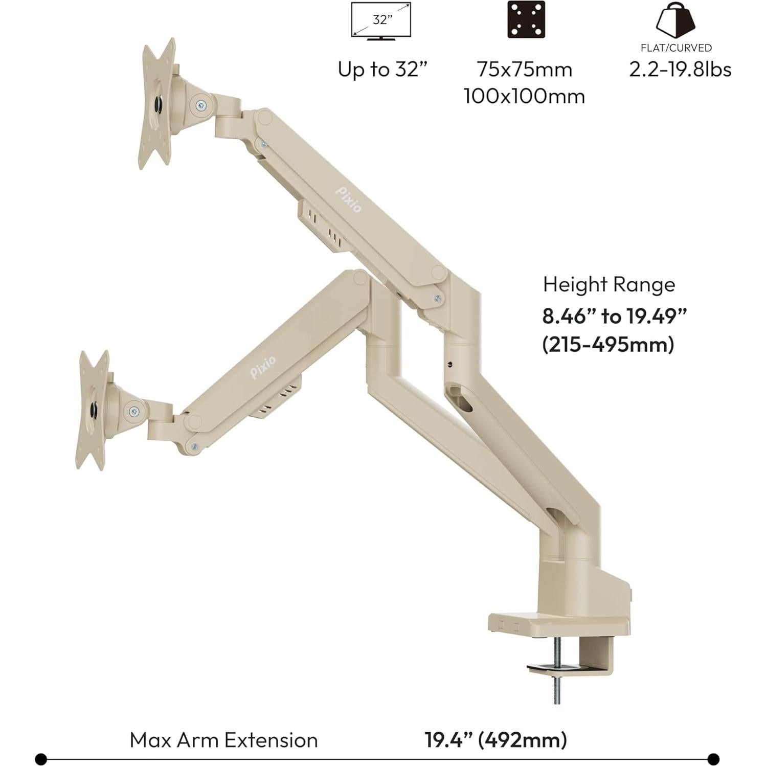 Soporte de brazo para monitor dual Pixio PS1D Beige - Hasta 32"