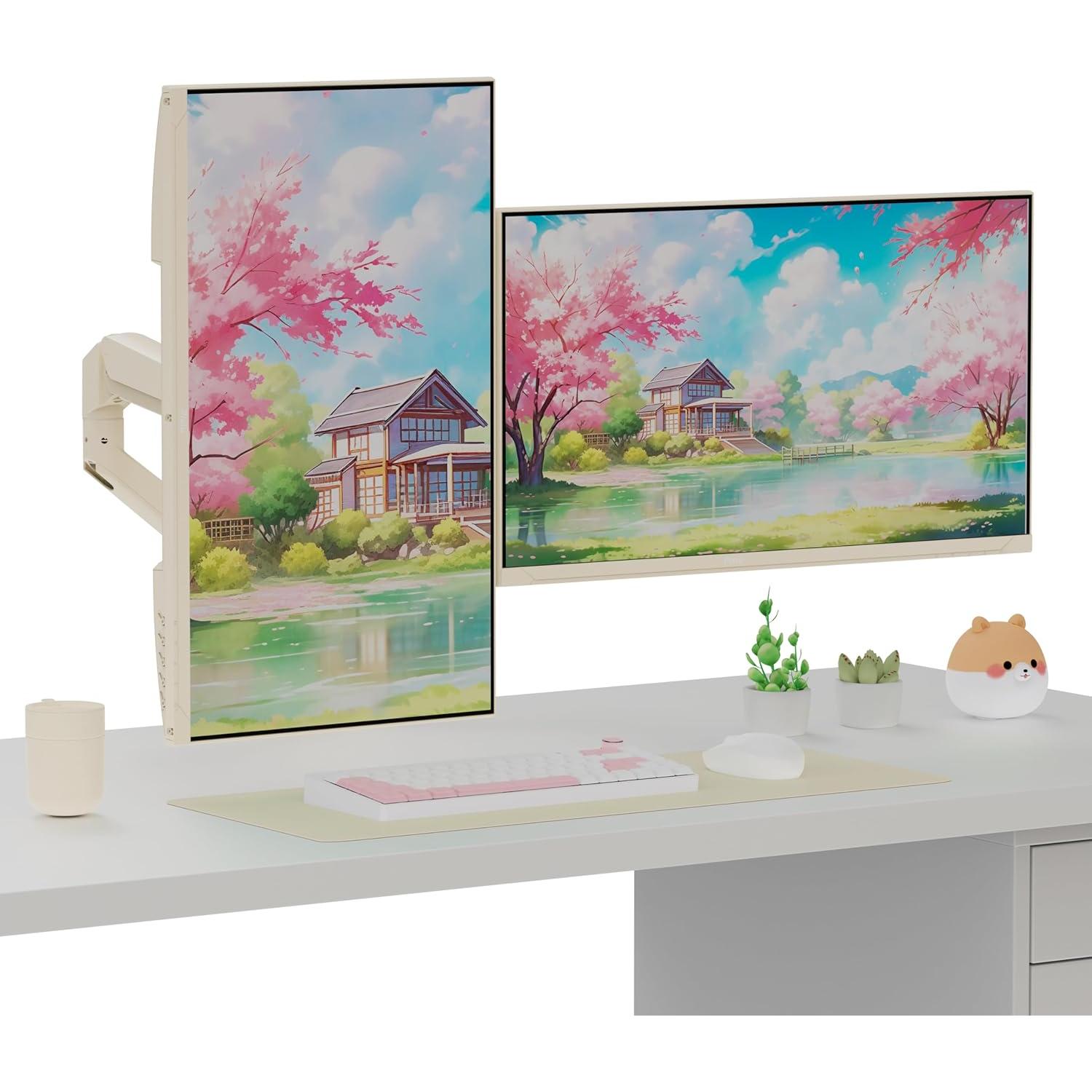 Soporte de brazo para monitor dual Pixio PS1D Beige - Hasta 32"