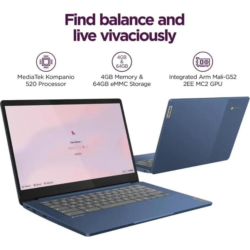 Laptop Lenovo Chromebook 14" FHD, 8 Núcleos MediaTek, 4GB RAM, 128GB SSD, Azul Abismo
