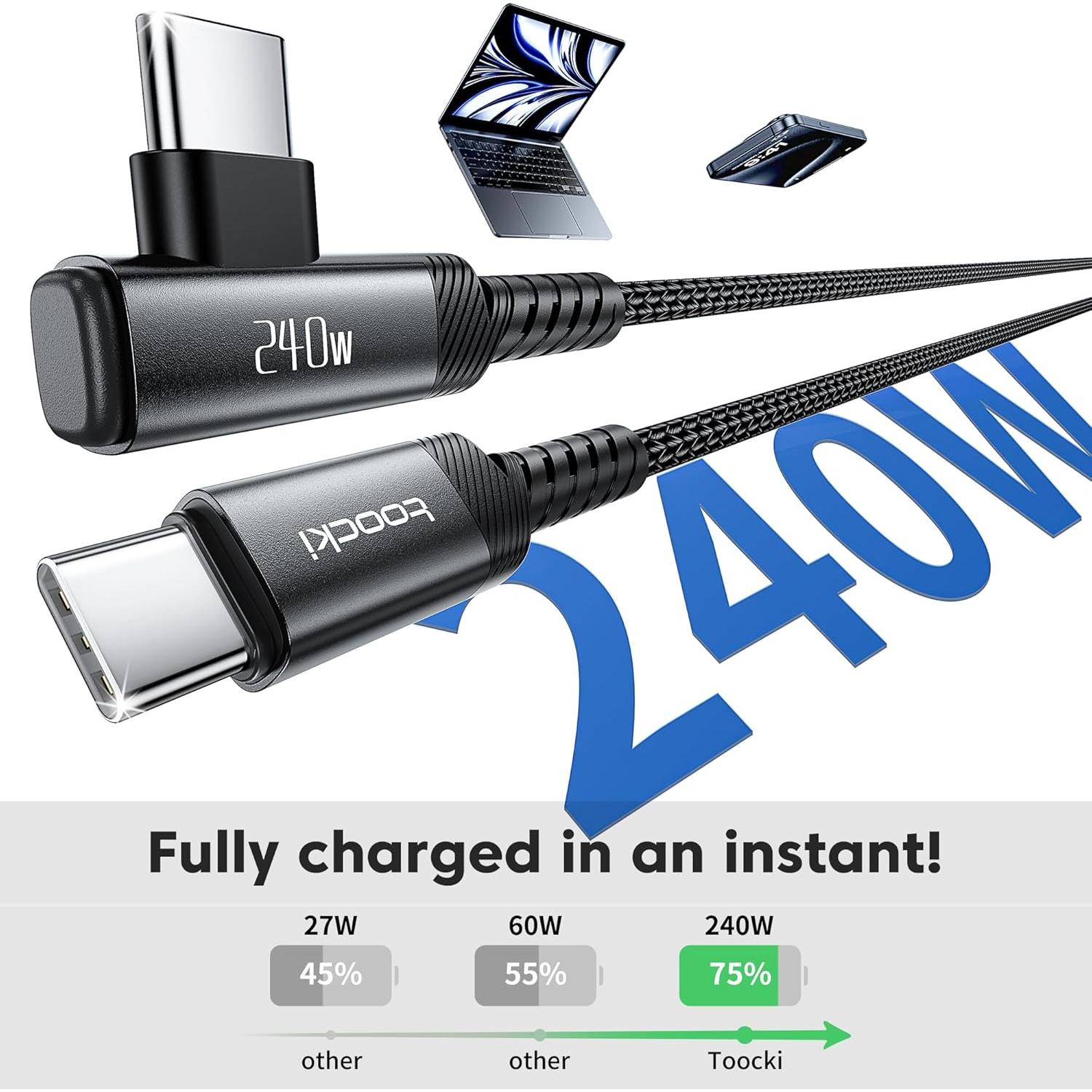 Cable USB C 240W Rápido Toocki 1m Trenzado Nylon Negro 2Pack