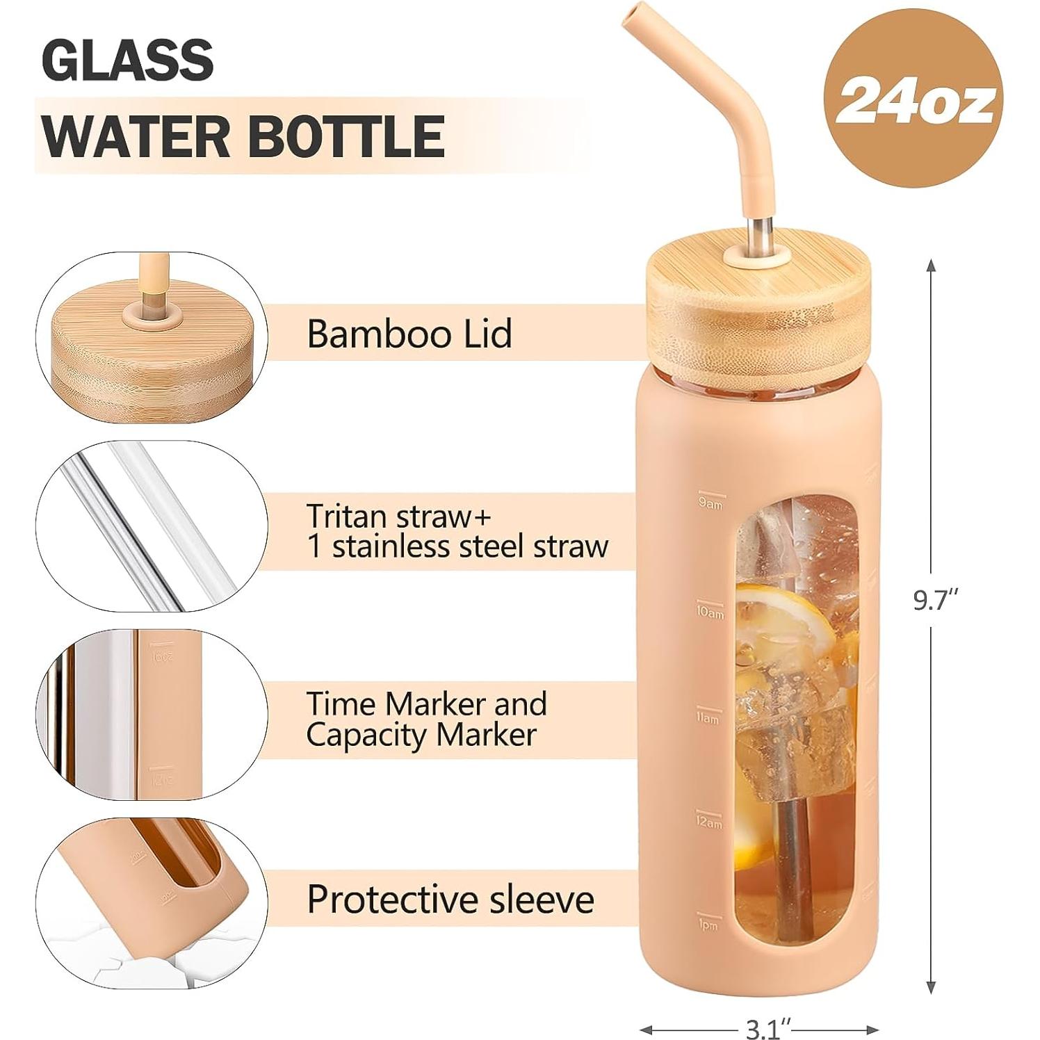 Botella de Agua de Vidrio 24oz NOLOGLAZIC con 2 Tapas y Pajilla