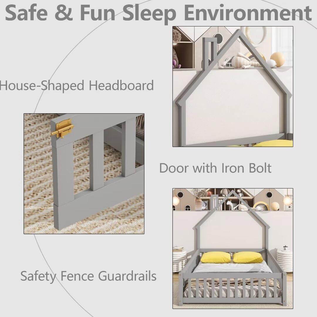 Cama Montessori Completa TURRIDU Gris con Casa y Puerta