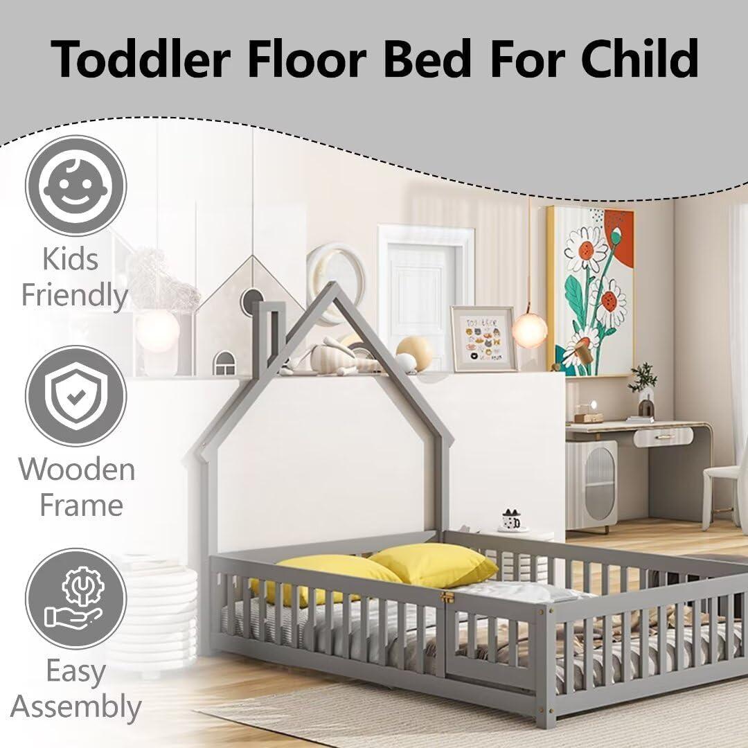 Cama Montessori Completa TURRIDU Gris con Casa y Puerta