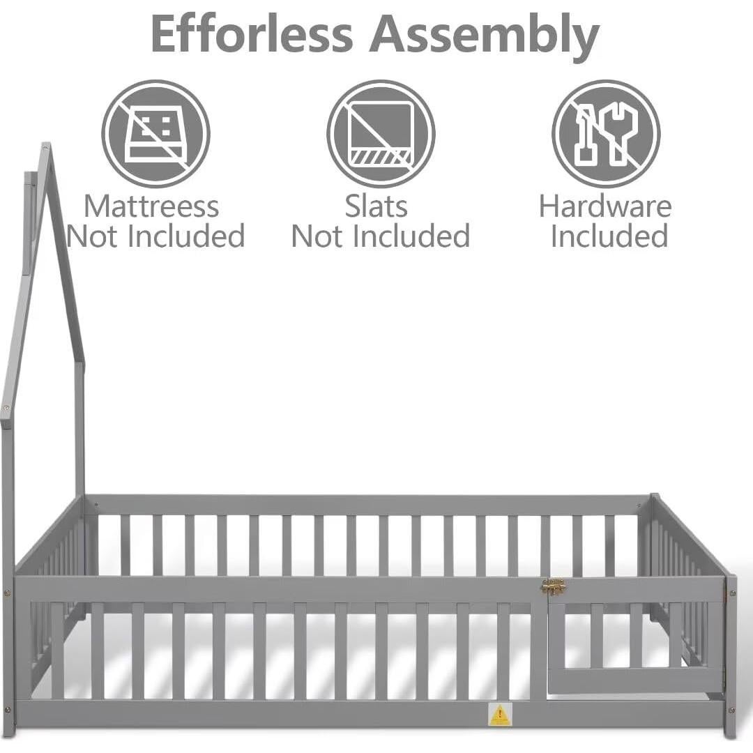Cama Montessori Completa TURRIDU Gris con Casa y Puerta