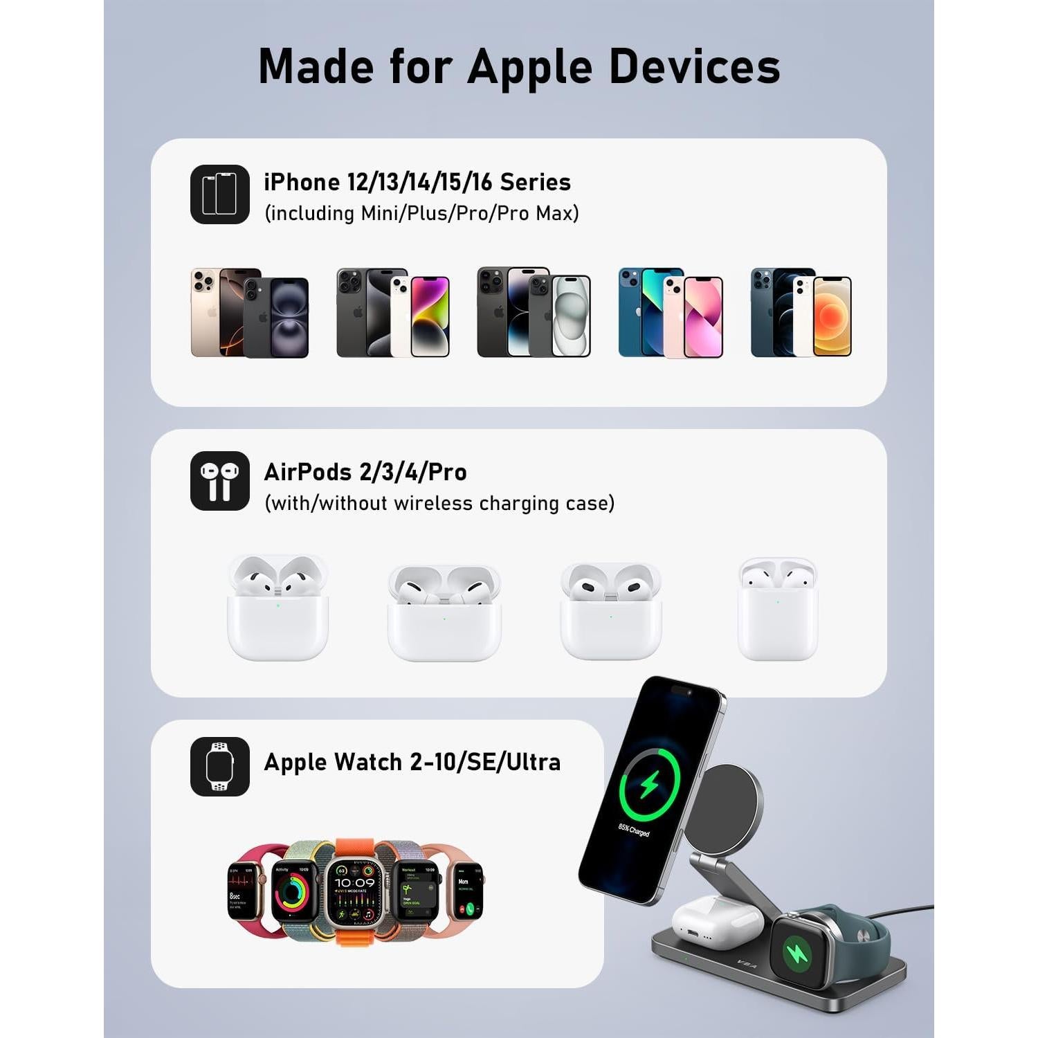 Estación de Carga Inalámbrica 3 en 1 VBA para Apple