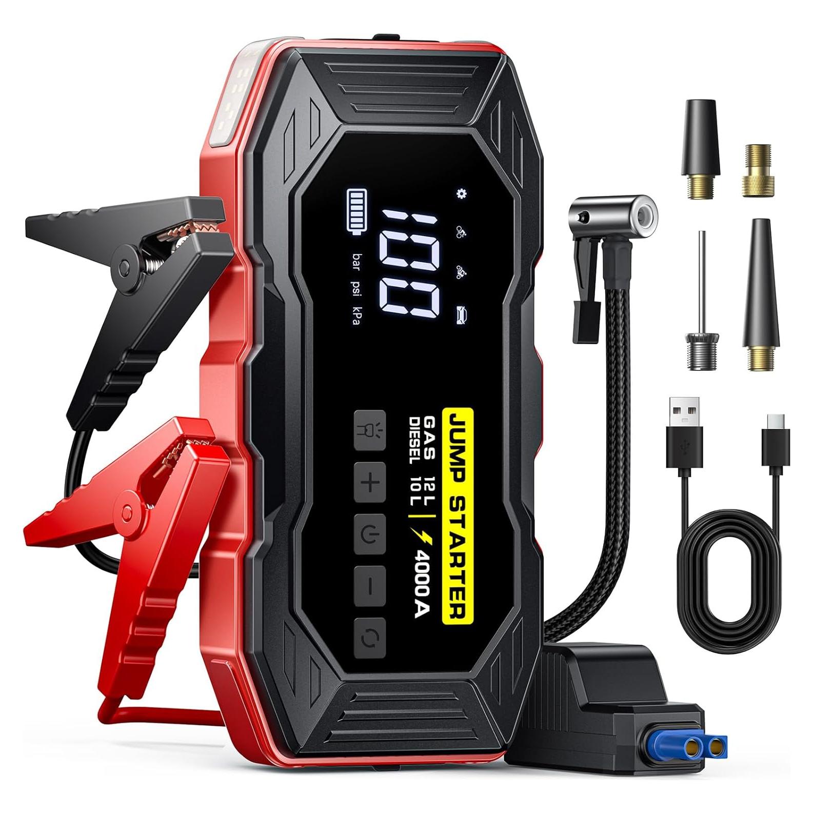 Jump Starter with Air Compressor, Portable Car Battery Jump Starter(12 Gas/10L Diesel), 4000A Peak 160PSI 12V Automobile Jump Box Pack Chargers with Jumper Cables, 4-Mode LED Lights, LCD Display