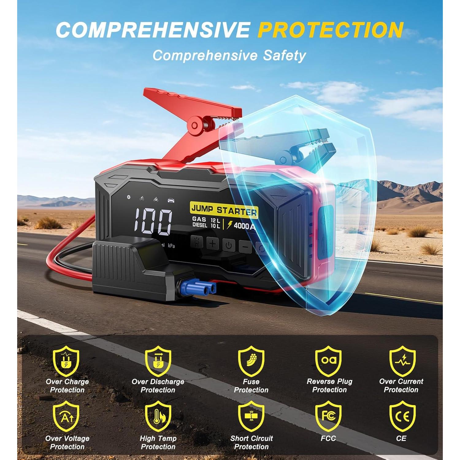 Jump Starter with Air Compressor, Portable Car Battery Jump Starter(12 Gas/10L Diesel), 4000A Peak 160PSI 12V Automobile Jump Box Pack Chargers with Jumper Cables, 4-Mode LED Lights, LCD Display