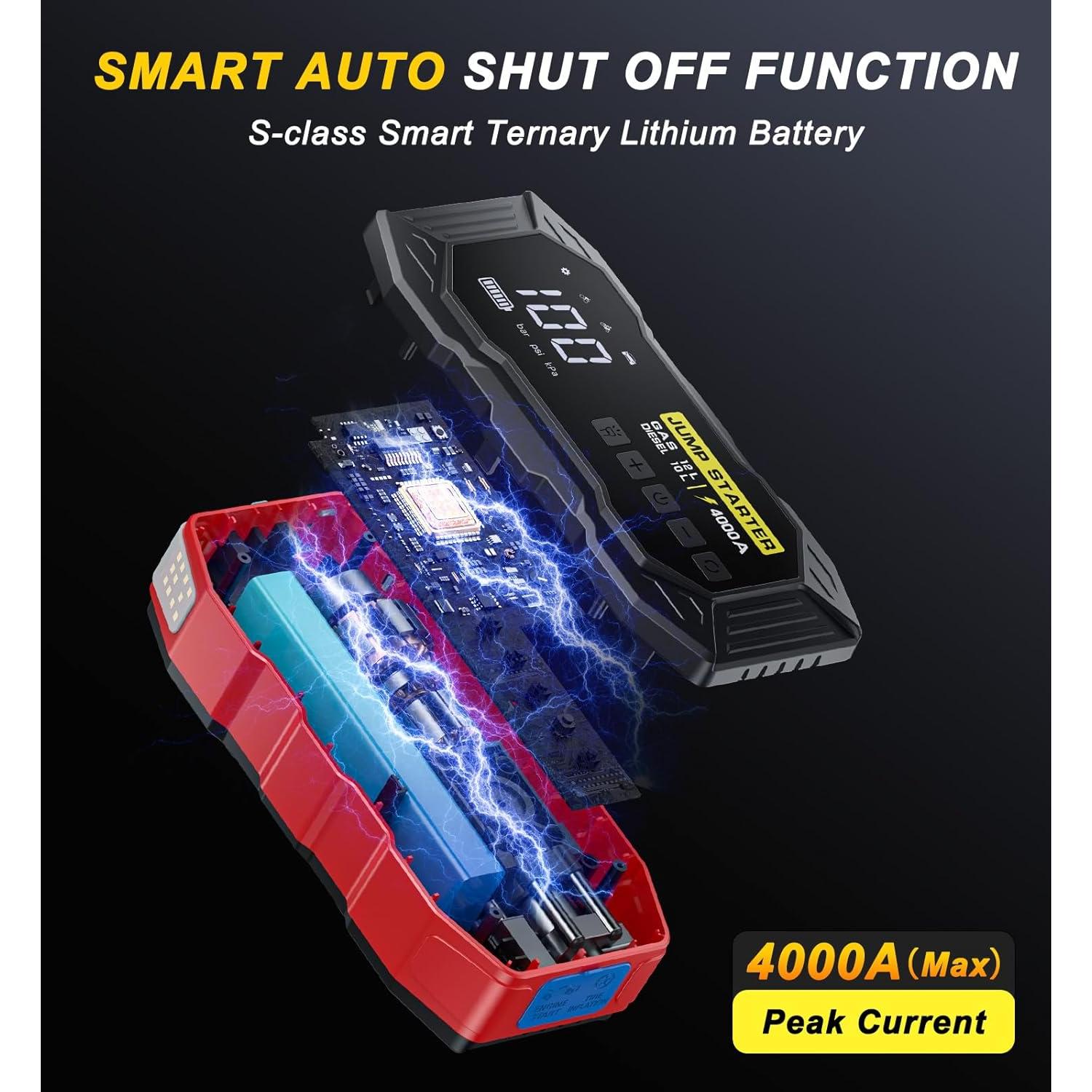 Jump Starter with Air Compressor, Portable Car Battery Jump Starter(12 Gas/10L Diesel), 4000A Peak 160PSI 12V Automobile Jump Box Pack Chargers with Jumper Cables, 4-Mode LED Lights, LCD Display